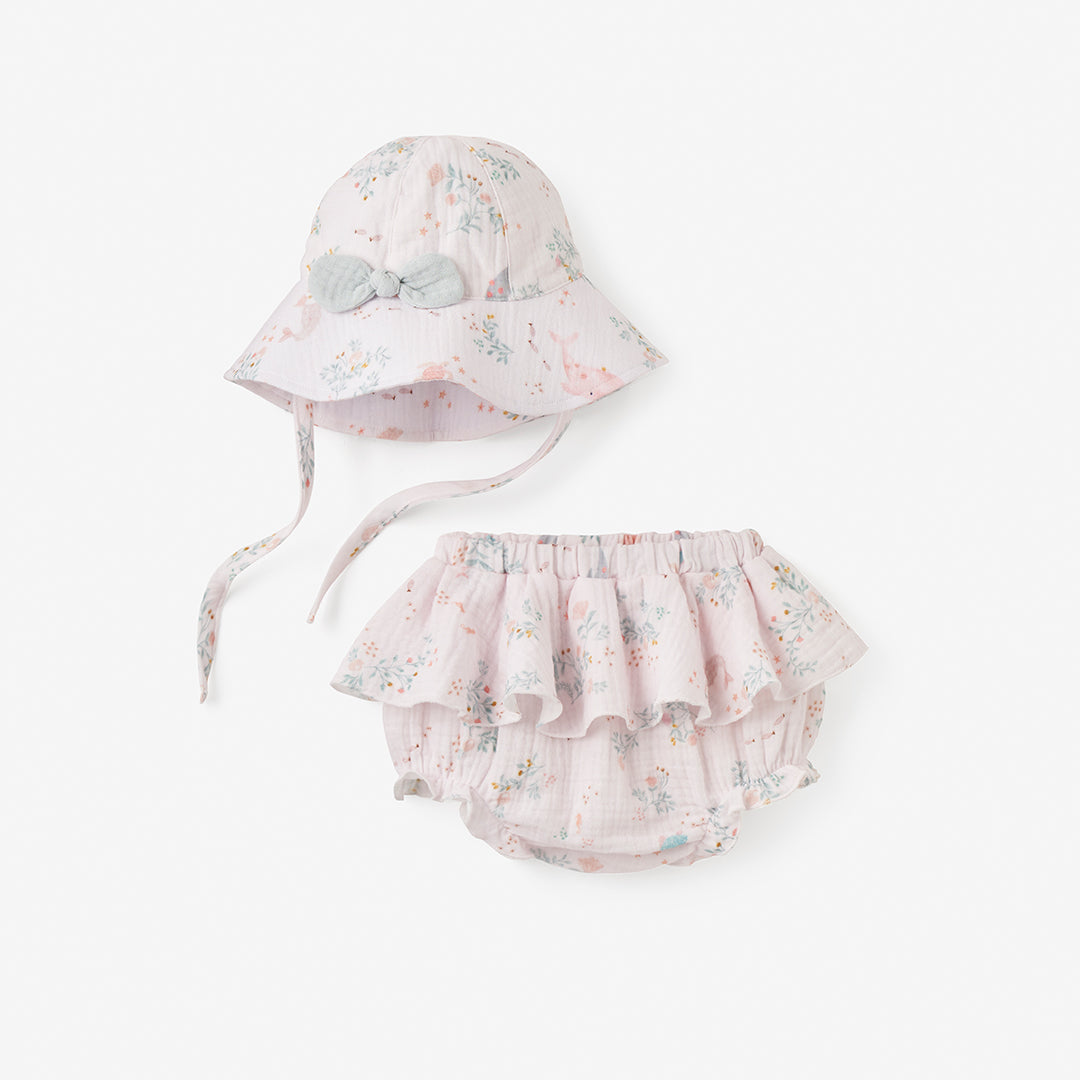 Organic Muslin Sun Hat & Bloomer Set for Baby Girls - Soft & Breathable Summer Outfit - Perfect for Beach, Park, and Outdoor Adventures