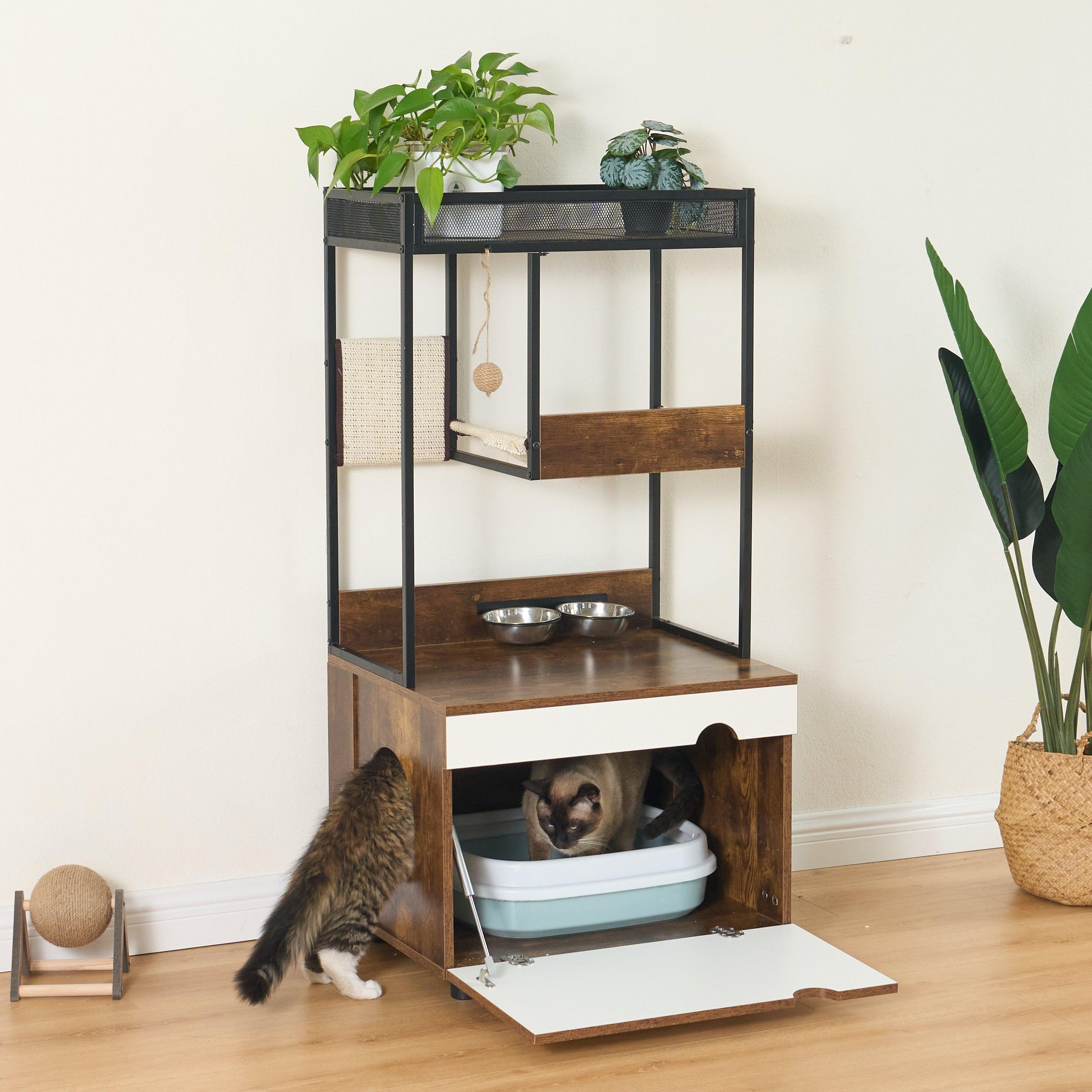 Cat Litter Box Enclosure with Cat Tree Tower - Modern Cat Furniture Cabinet for Home Decor | Perfect for Small Spaces & Multi-Cat Households