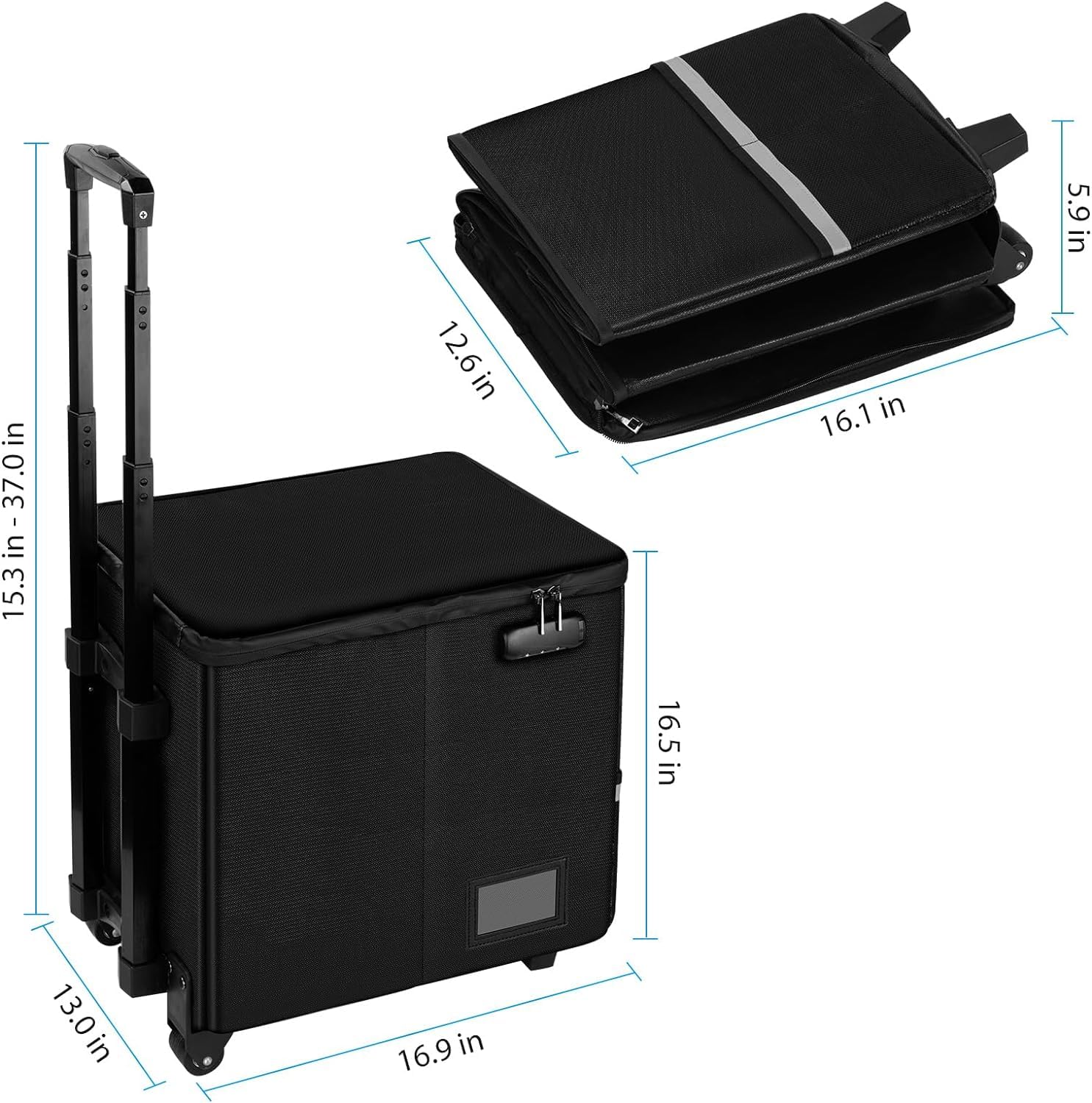 Fireproof Rolling File Box with Wheels & Lock - Portable Collapsible File Storage Cart with Telescopic Handle - Black - Ideal for Office, Home & School Document Organization