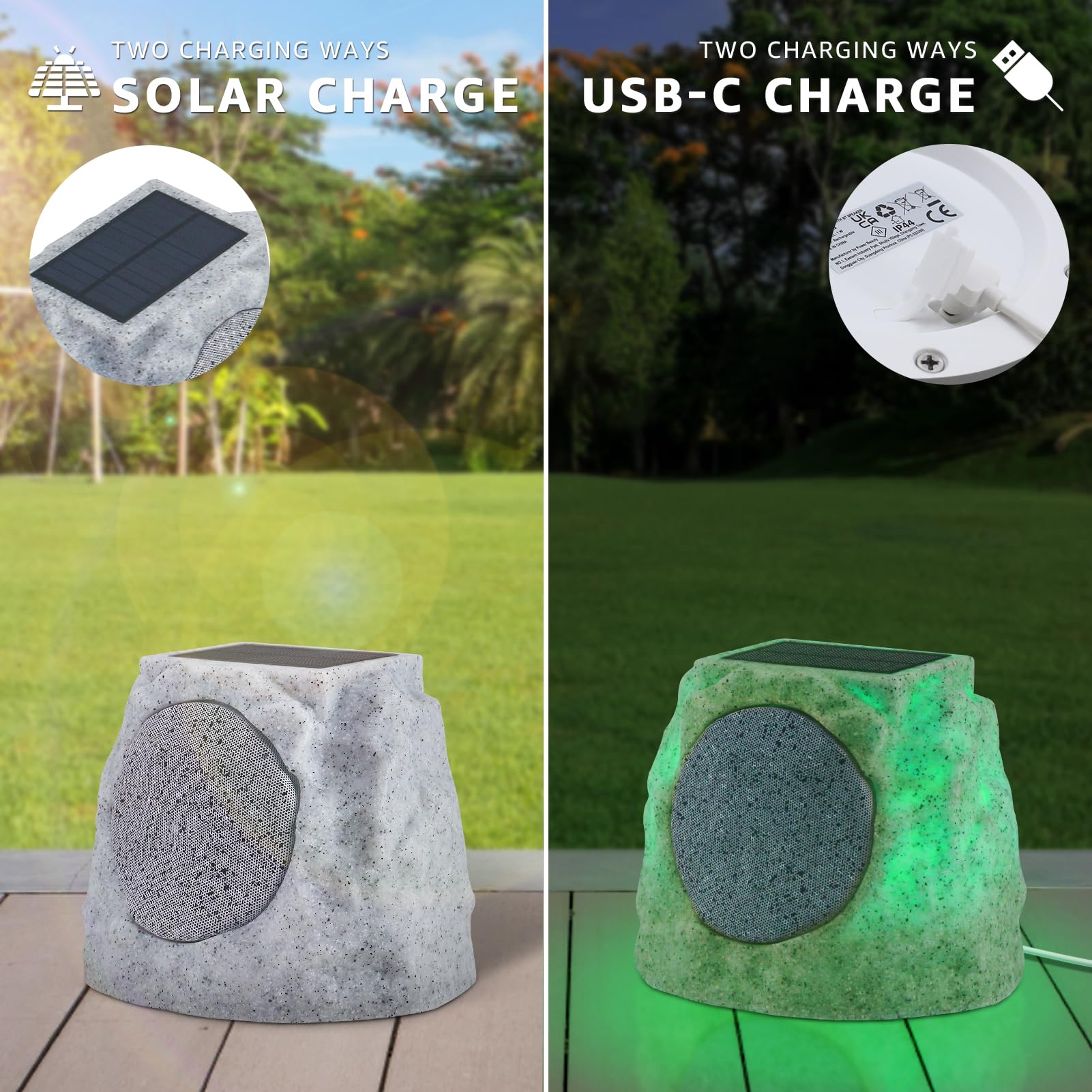 Solar Powered Bluetooth Rock Speakers Outdoor Waterproof - 2 Pack Wireless Garden Speakers with RGB Lights & TWS Pairing, Perfect for Patio, Backyard, Pool Party, BBQ and Deck Entertainment