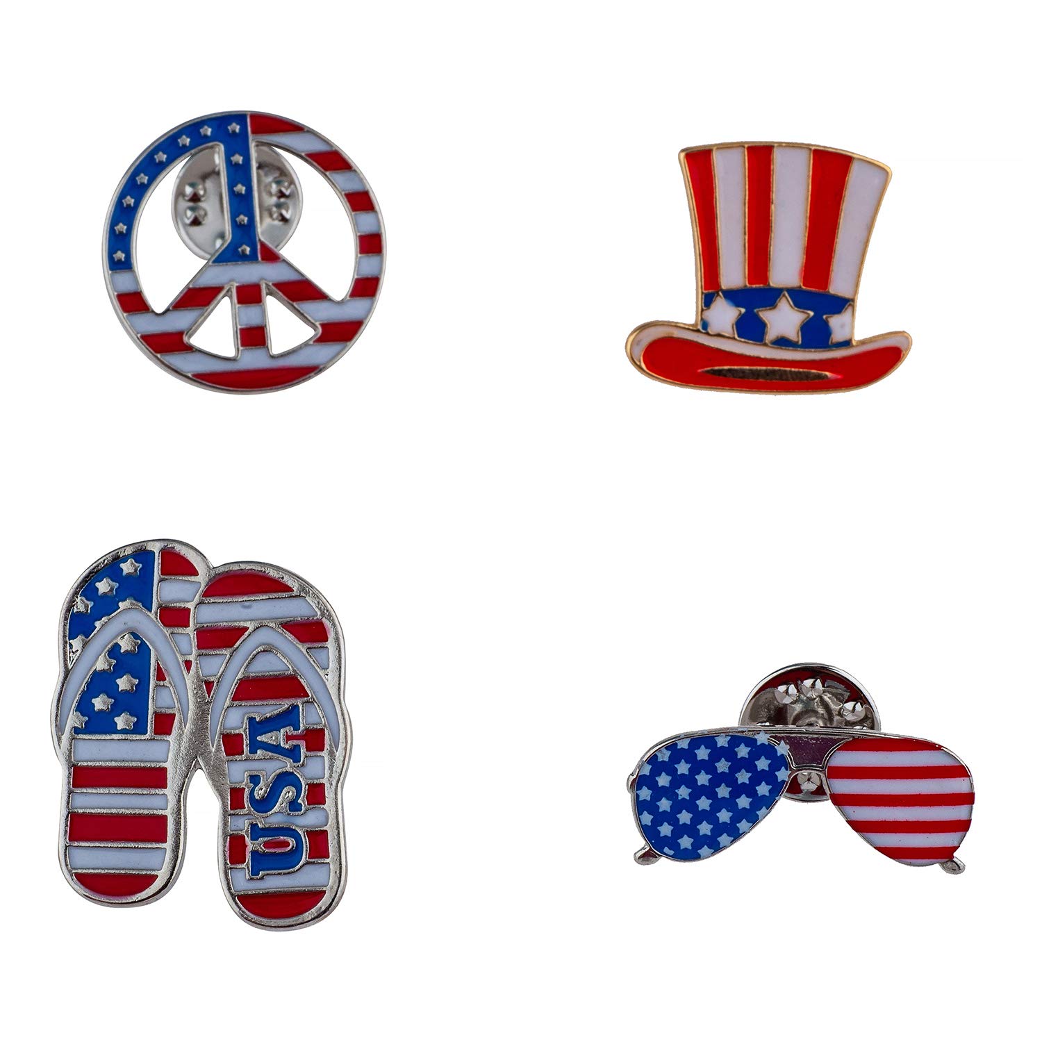 LUX ACCESSORIES Red Blue Peace Sunglasses Hat Slippers USA Set of 4 American Flag Themed Brooch Pin - Perfect for Patriotic Events, Summer Outfits, and Gift Giving