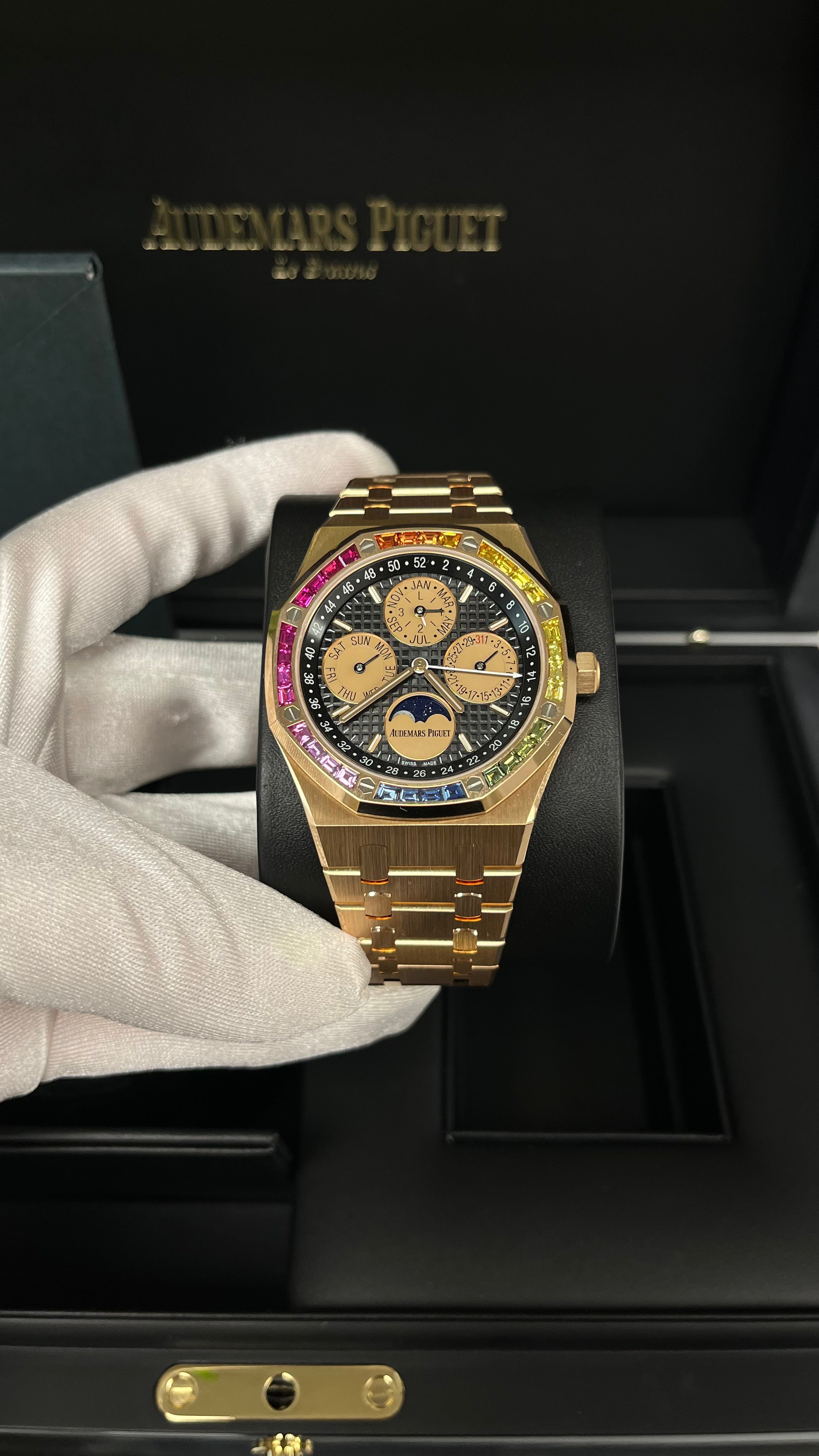 Audemars Piguet Royal Oak Perpetual Calendar 41mm 18K Rose Gold Watch with Rainbow Gemstones - Limited Edition of 20 Pieces (Ref. 266140) - Luxury Collector's Timepiece for Special Occasions & Investment