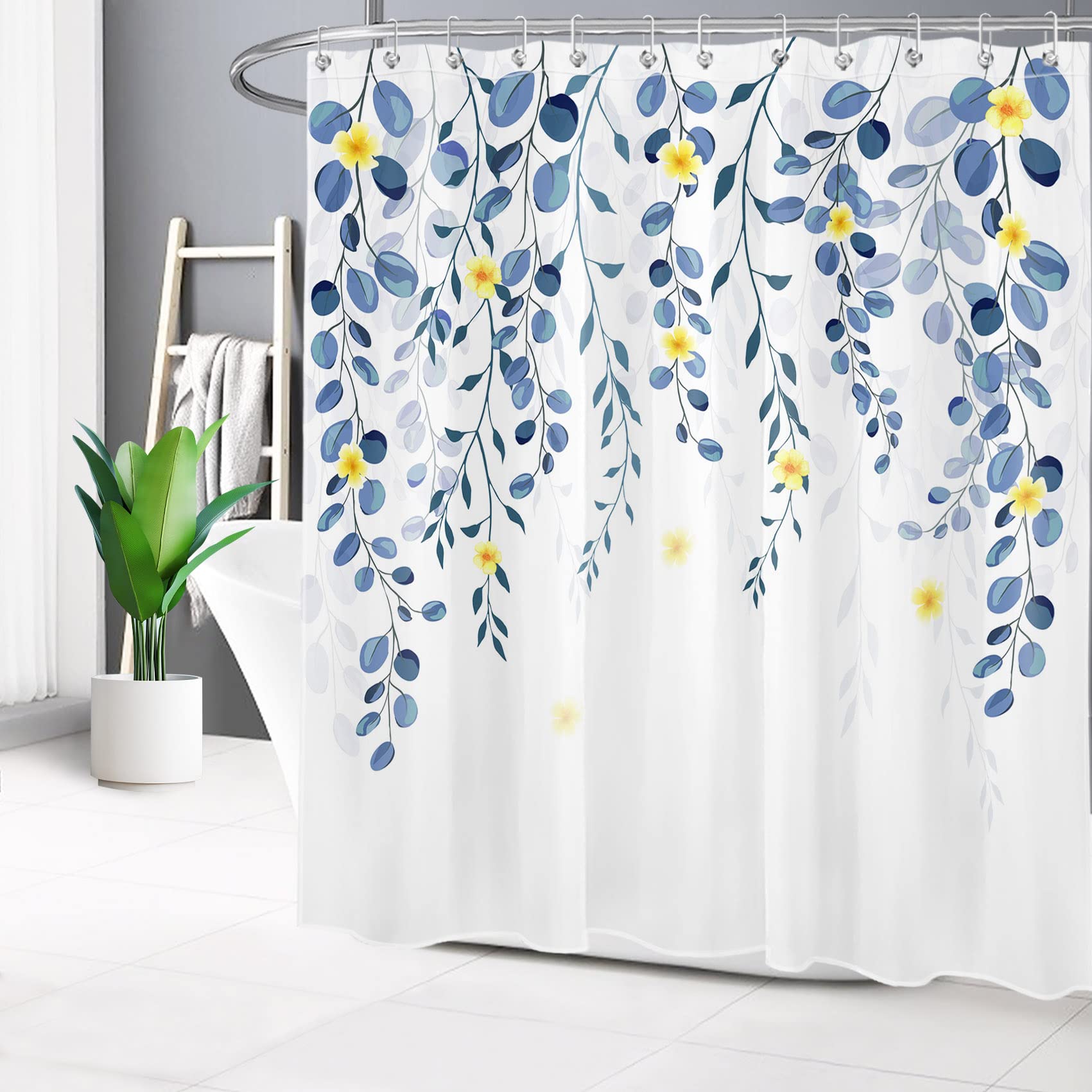 Blue Leaves and Yellow Flower Floral Shower Curtain - Nature Inspired Bathroom Decor with Hooks, 69x70 Inch - Perfect for Spring Refresh & Spa-Like Bathroom Retreat