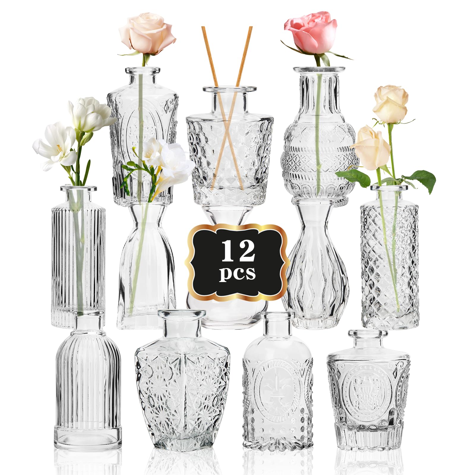 RUCKAE 12-Pack Small Clear Glass Bud Vases - Mini Flower Vases for Wedding Centerpieces, Table Decor, Home Decor & Party Decorations (Transparent) | Perfect for Weddings, Events, Home Floral Arrangements & Gift Packaging