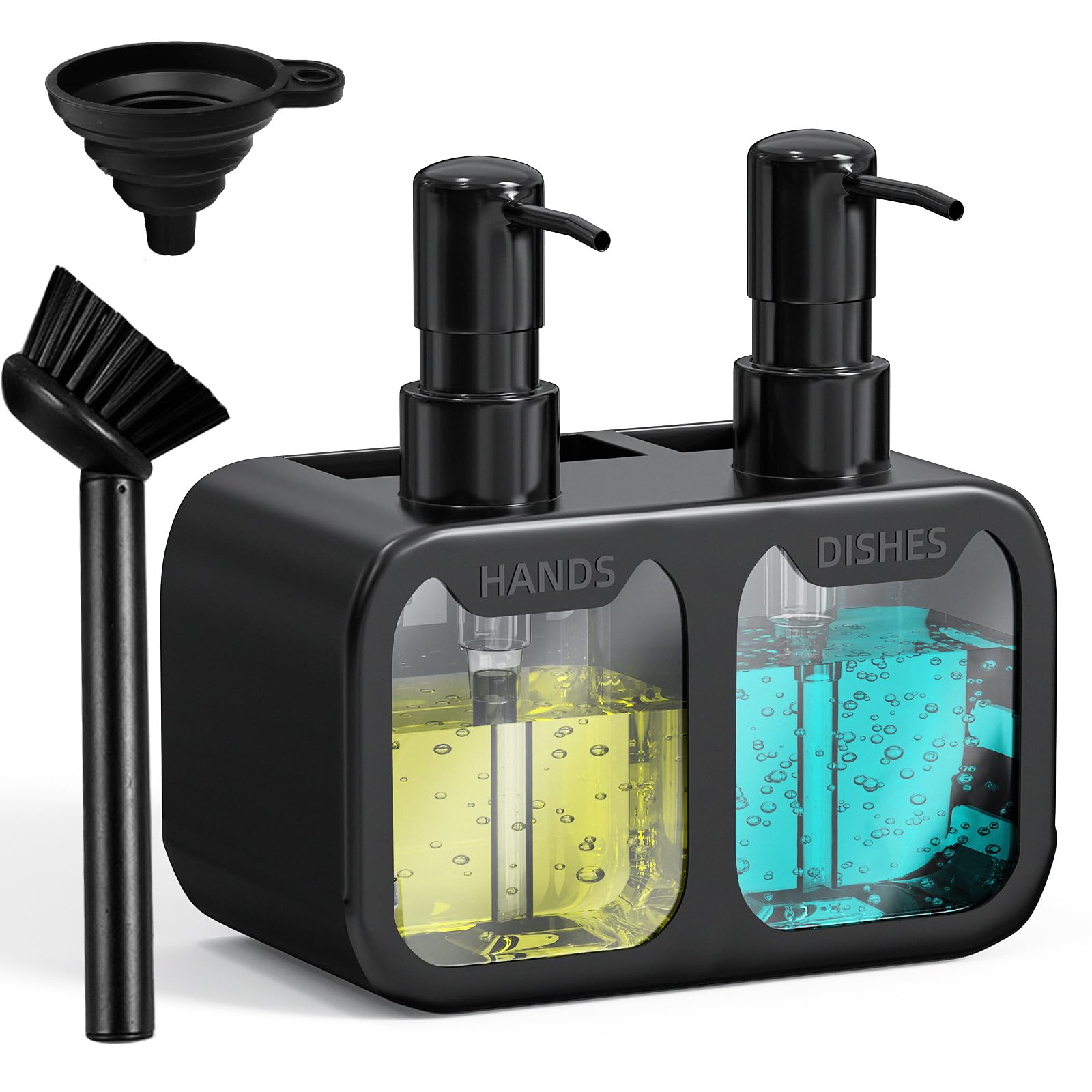 24oz Dual Kitchen Soap Dispenser Set with Sponge Holder & Brush - Black Hand Soap Dispenser for Sink & Bathroom | Dishwashing & Hand Washing Solution for Home & Commercial Use