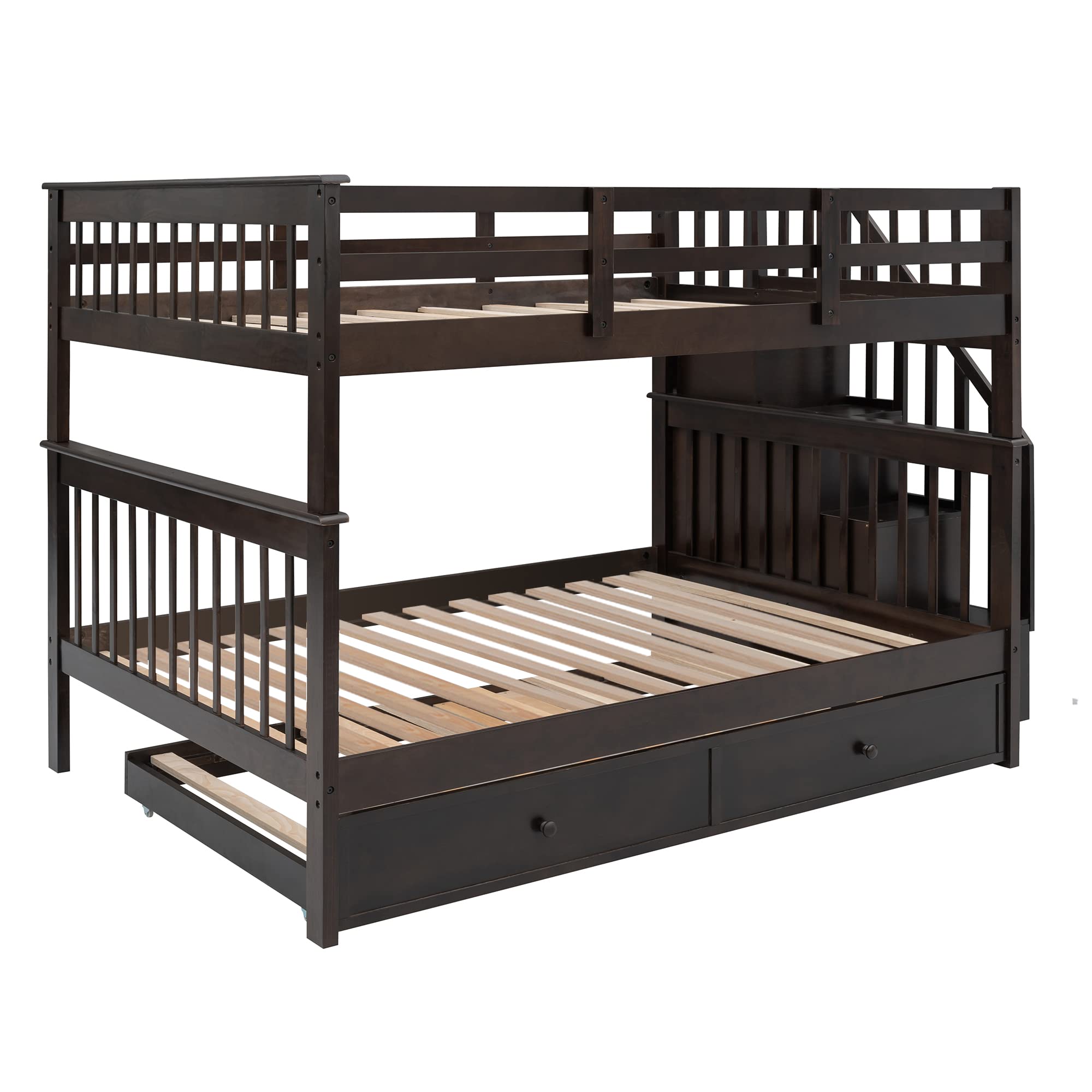 MERITLINE Full Over Full Wooden Bunk Bed Frame with Trundle & Stairs - Convertible Kids Bunk Bed in Espresso Finish | Space-Saving Twin Bunk for Bedrooms, Guest Rooms & Vacation Homes