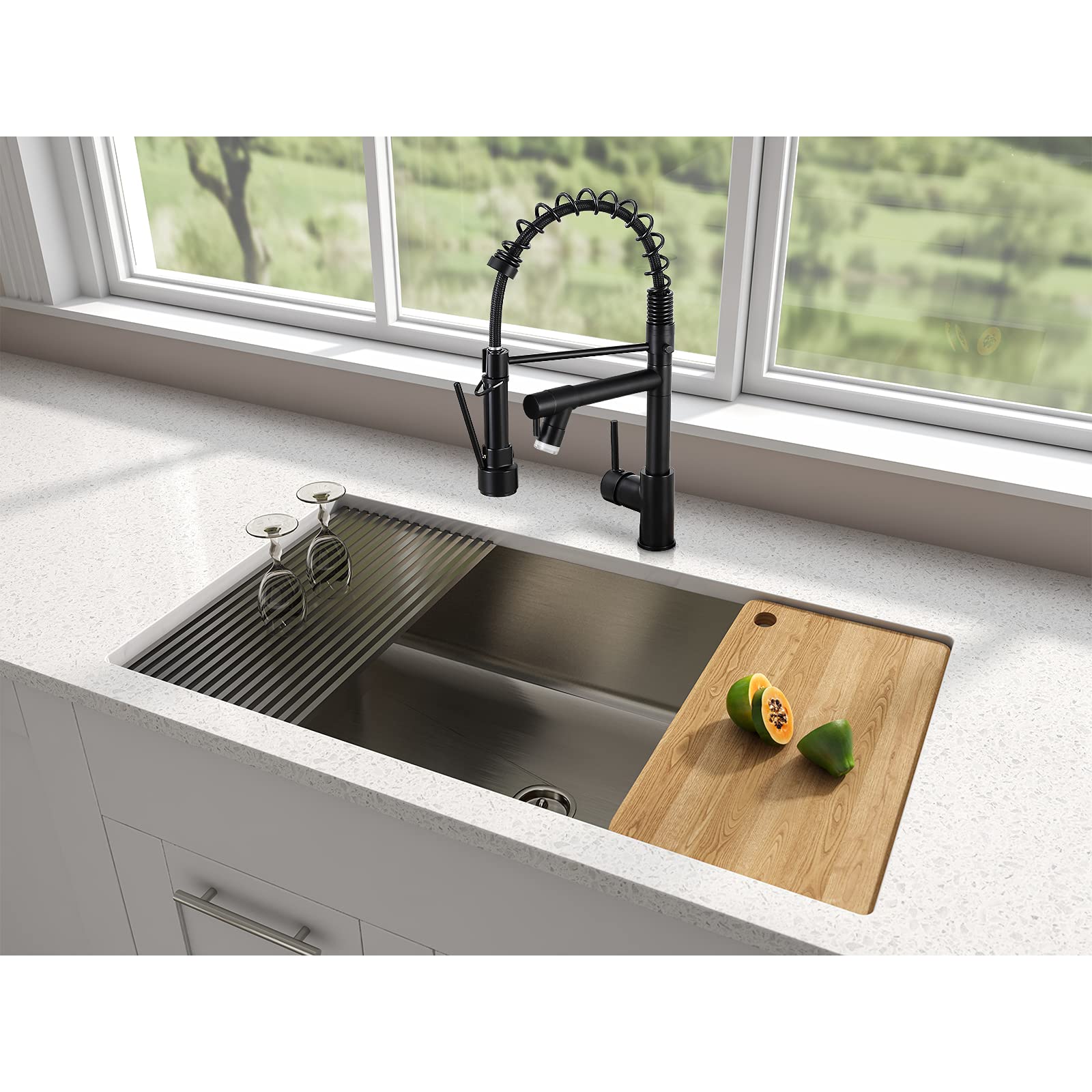 Qomolangma Matte Black Commercial Kitchen Sink Faucet with Pull Down Sprayer and LED Light - Modern Single Handle Design for Restaurants, Home Kitchens & Food Prep Stations