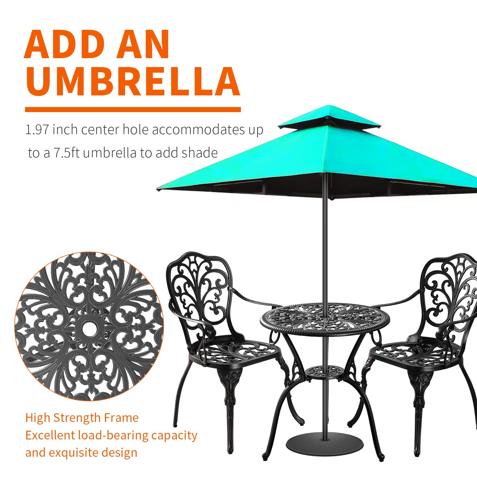 3-Piece Outdoor Bistro Set with 2 Chairs & Umbrella Hole - All-Weather Patio Furniture for Garden, Balcony or Backyard - Black