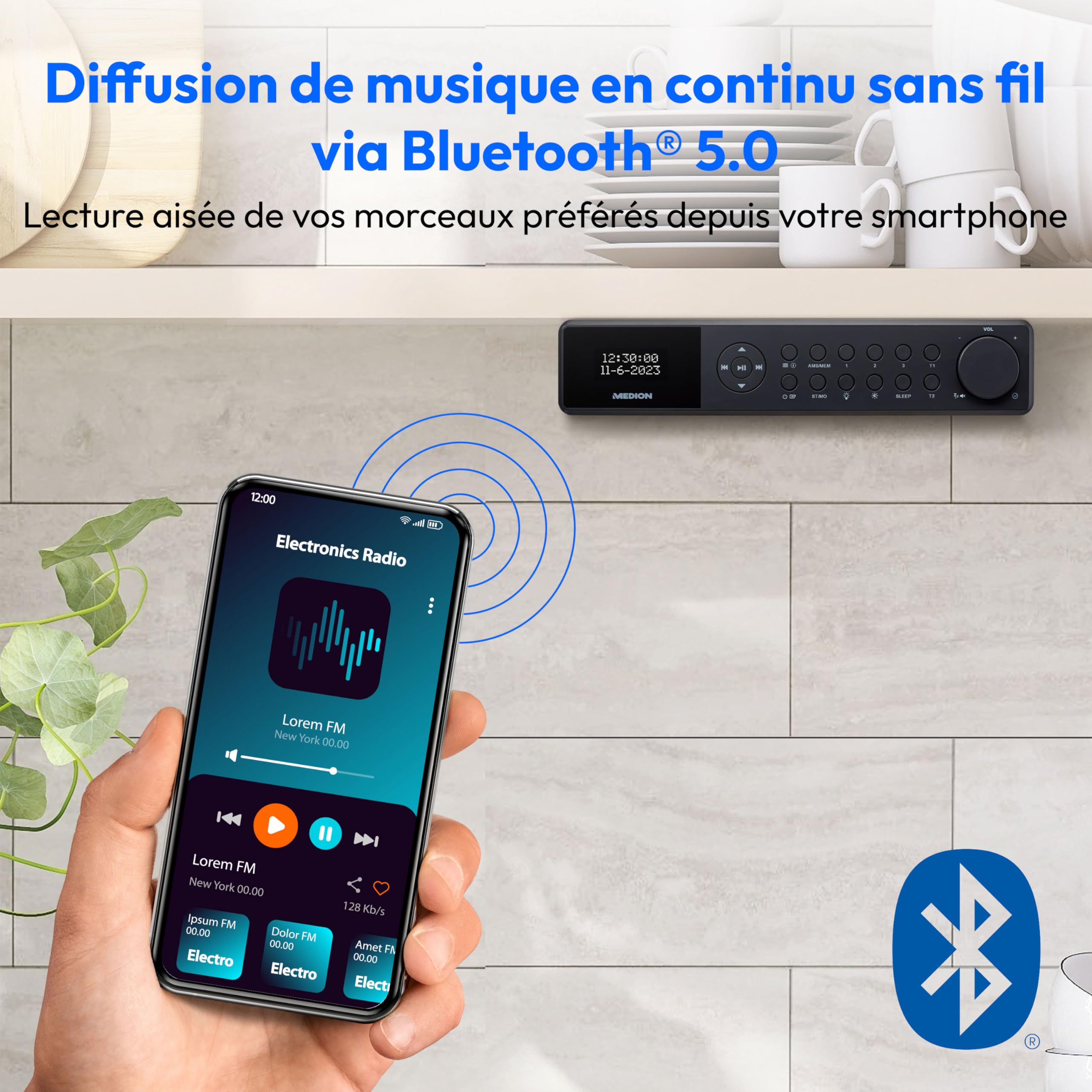 MEDION E6660 Built-in Kitchen Radio with Dab+/FM, Bluetooth, LED Light Bar & Cooking Timer – Modern Black Digital Radio for Cooking, Baking & Kitchen Entertainment