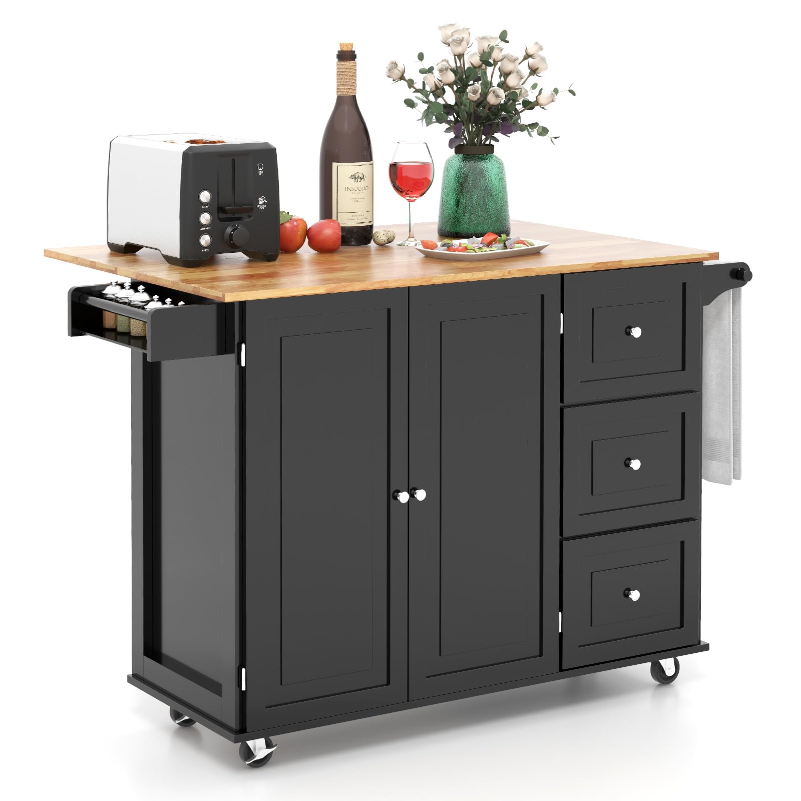 GOFLAME Kitchen Island Cart with Drop Leaf - Rolling Kitchen Cart on Wheels with Rubber Wood Top, 3 Drawers, Towel & Spice Rack, 2-Door Cabinet - Perfect Serving Trolley for Small Kitchens, Dining Rooms & Breakfast Nooks (Black)