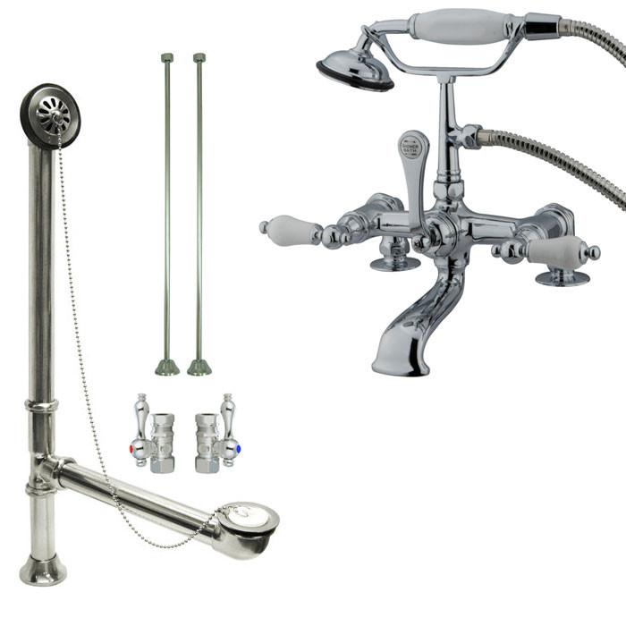 Chrome Deck Mount Clawfoot Bathtub Faucet with Hand Shower and Drain Stops - CC206T1 System for Vintage Bathroom Renovation and Spa Experience