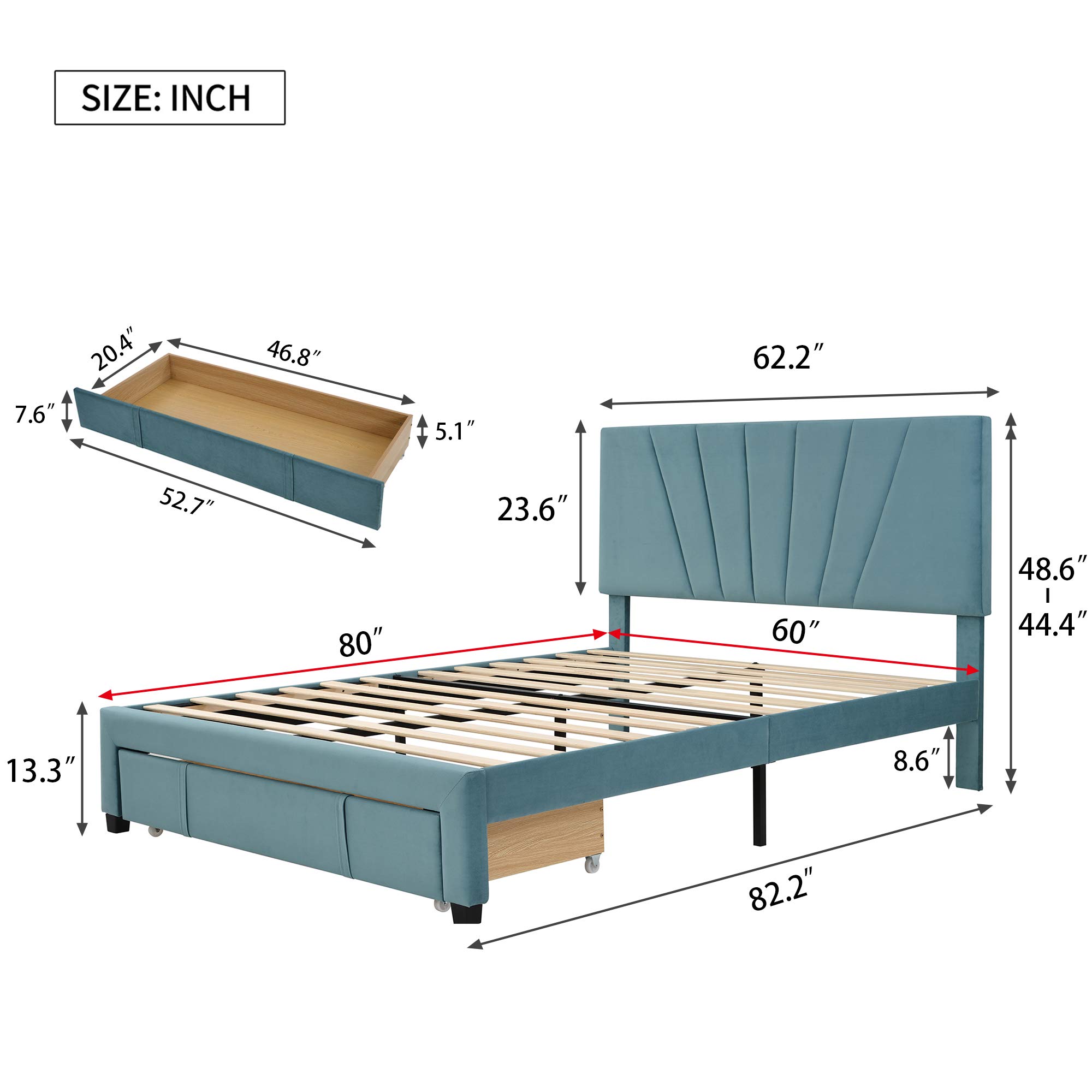 Modern Blue Velvet Queen Upholstered Platform Bed Frame with Storage Drawer & Headboard - Wood Slat Support, Elegant Panel Design Mattress Foundation for Bedroom, Guest Room | Perfect for Small Spaces & Luxury Home Decor