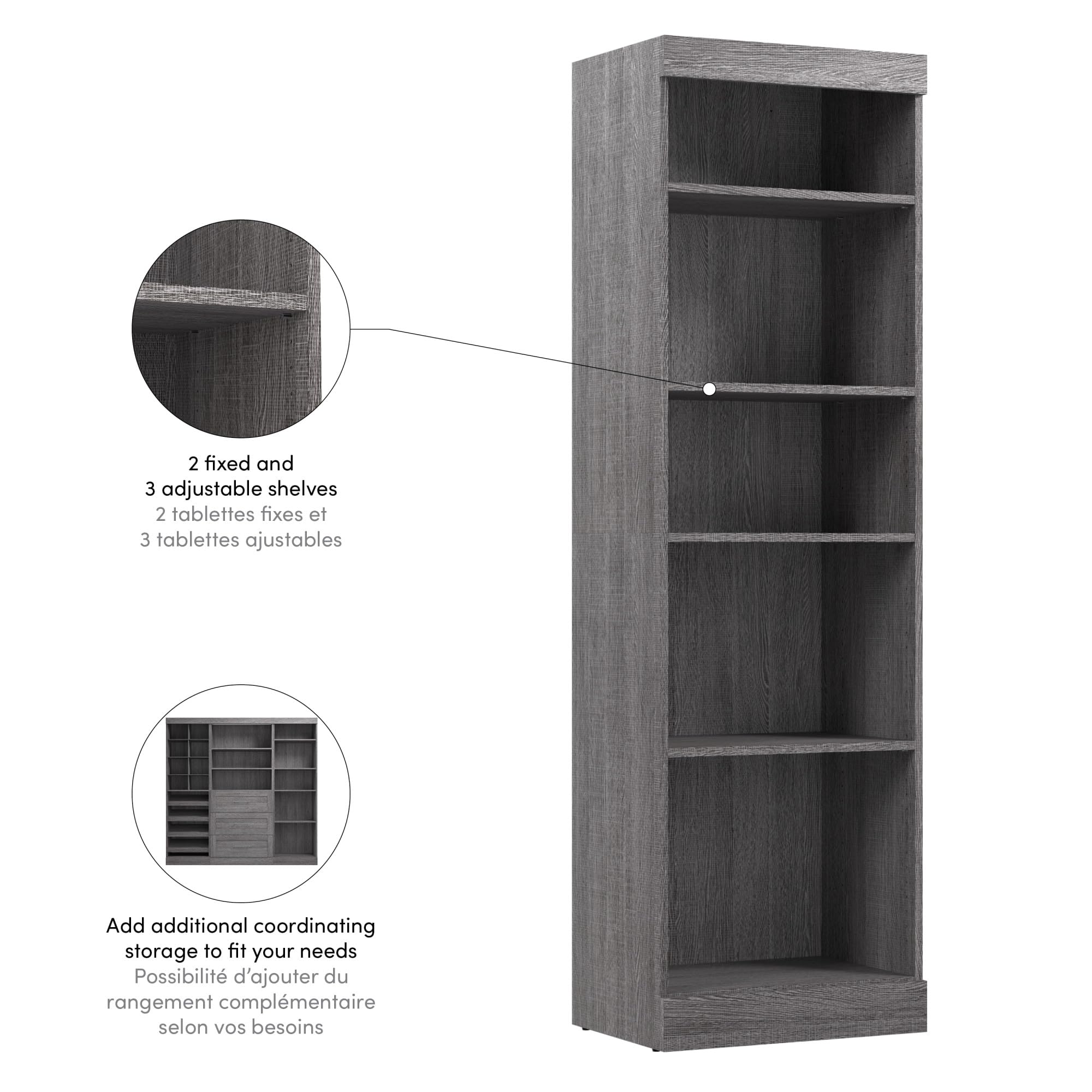 Bestar 25-inch Closet Organizer System - Modern Walk-in Closet Storage Solution for Bedroom, Entryway & Pur Collection in Bark Gray | Space-Saving Wardrobe Organization for Small Homes & Apartments