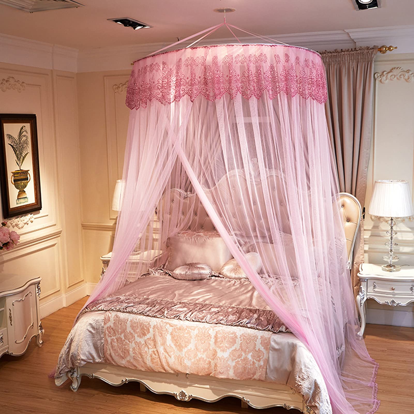 Elegant Beige & Pink Lace Dome Bed Canopy with Mosquito Net for Double & Single Beds - Easy Adhesive Hook Installation, 3M Height - Perfect for Bedroom Decor, Romantic Nights & Outdoor Camping