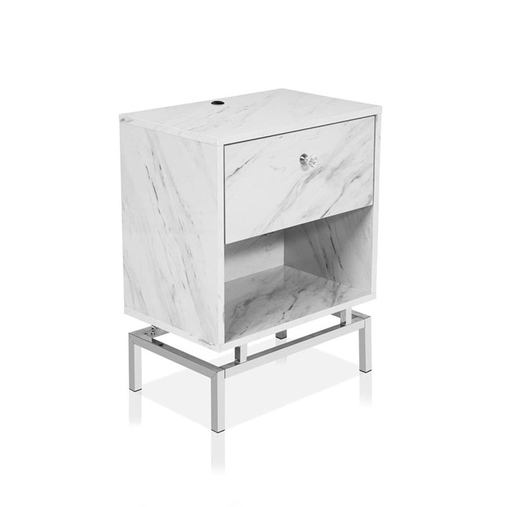 BOWERY HILL Modern White Marble Top Wooden Nightstand - Contemporary 1-Drawer Bedside Table for Living Room, Bedroom & Office