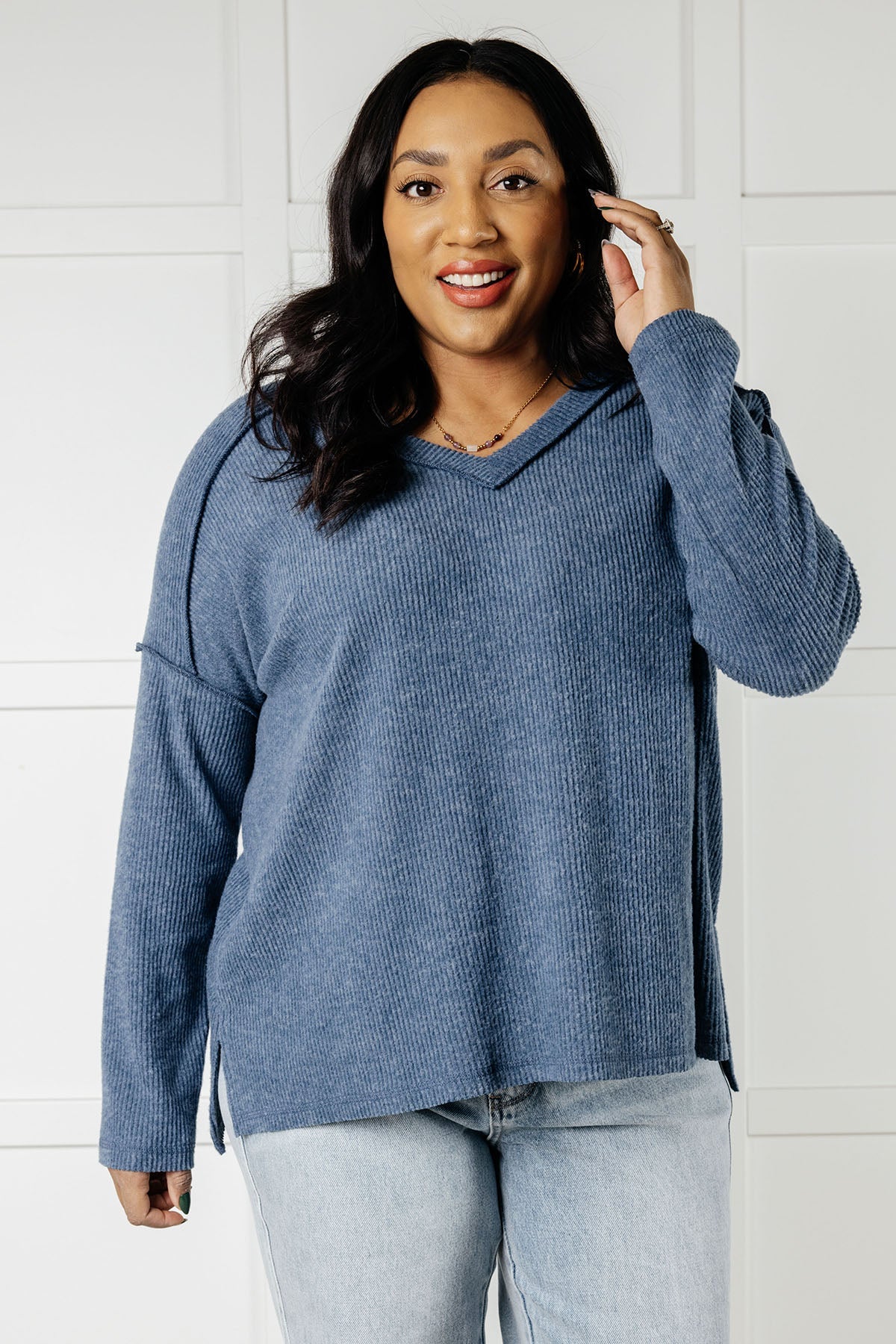 Soft Brushed Hacci Sweater Top in Dusty Blue | Cozy Winter Pullover for Women | Perfect for Casual Outfits & Layering in Cold Weather