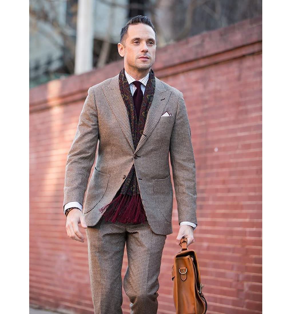 Premium Houndstooth Brown 3-Piece Men's Suit Set - Slim Fit Peaked Lapel Tuxedo with Blazer, Vest & Pants for Wedding, Business & Formal Events