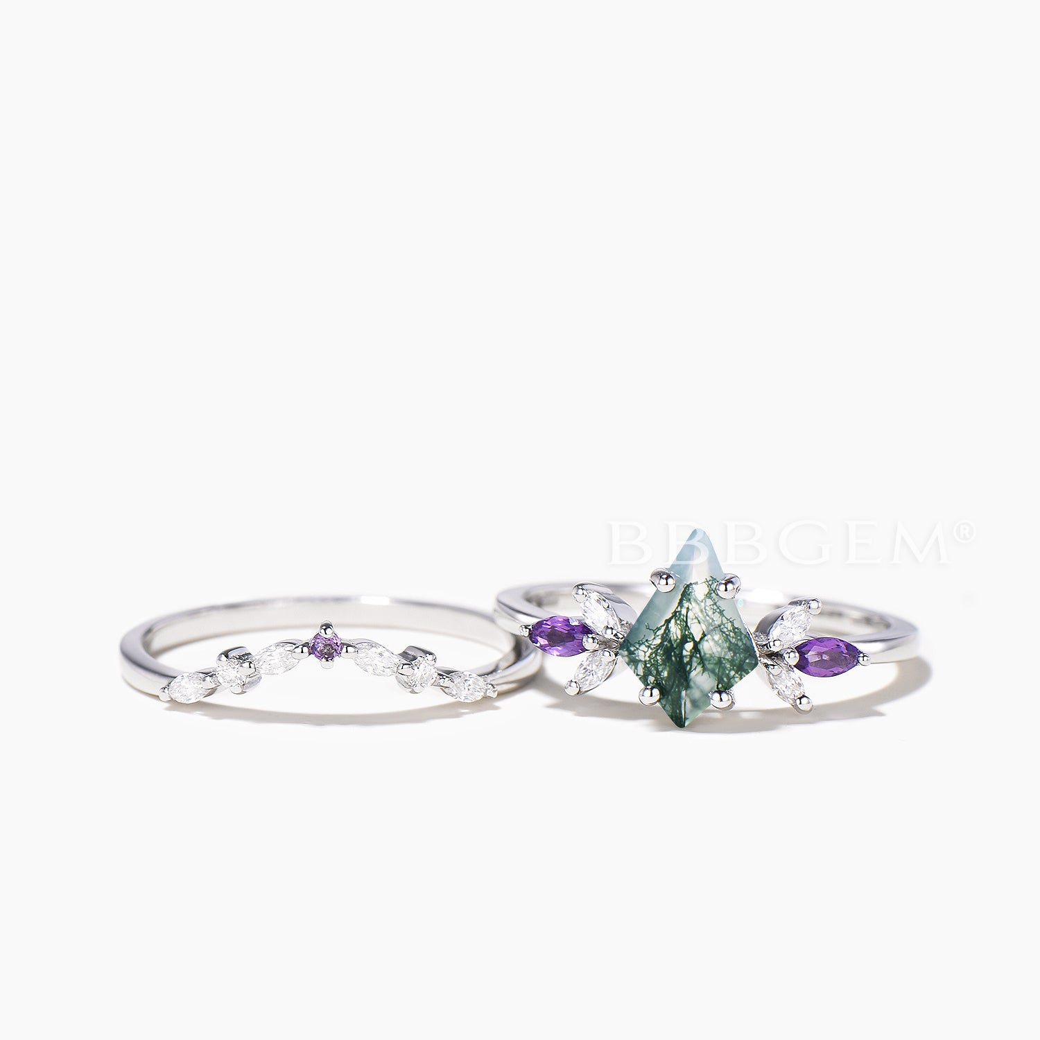 Natural Moss Agate Kite Bridal Ring Set with Moissanite & Amethyst Accents – Vintage-Inspired Wedding Band for Engagement, Anniversary, or Special Occasion Gift