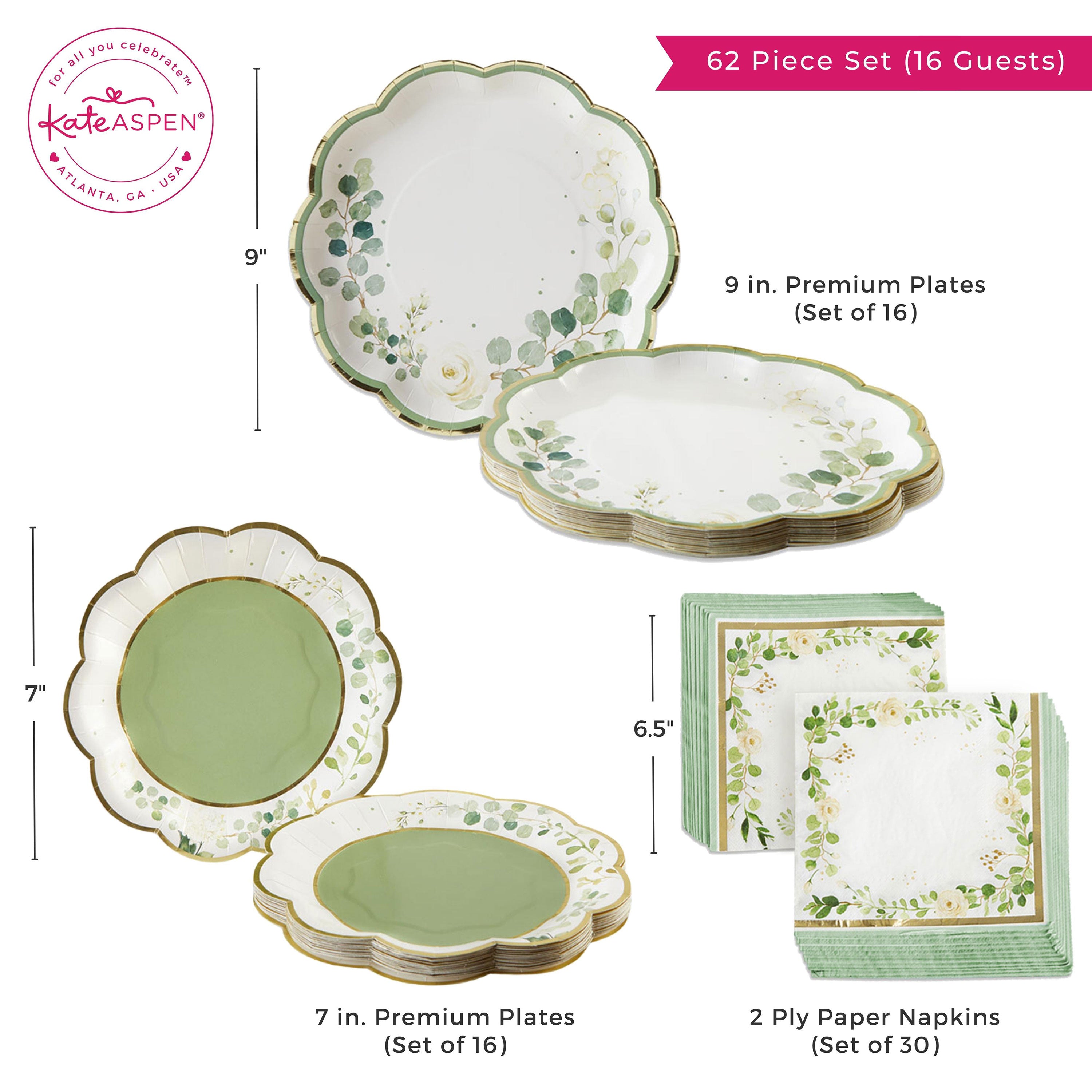 Kate Aspen Botanical Garden 62-Piece Party Tableware Set for 16 Guests - Elegant Floral Disposable Plates, Cups & Cutlery for Garden Weddings, Baby Showers & Outdoor Events