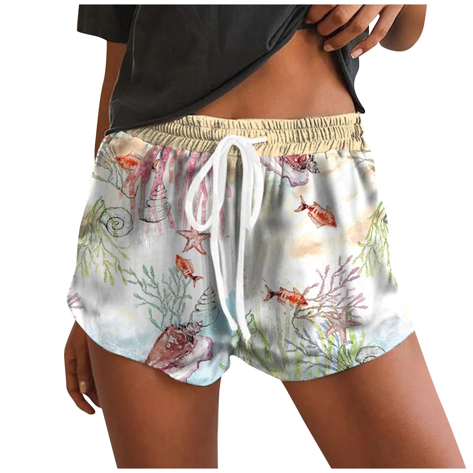 Women's Floral Print Quick Dry Swim Shorts - Elastic Waist with Drawstring - Comfy Casual Summer Beachwear for Swimming, Surfing & Yoga