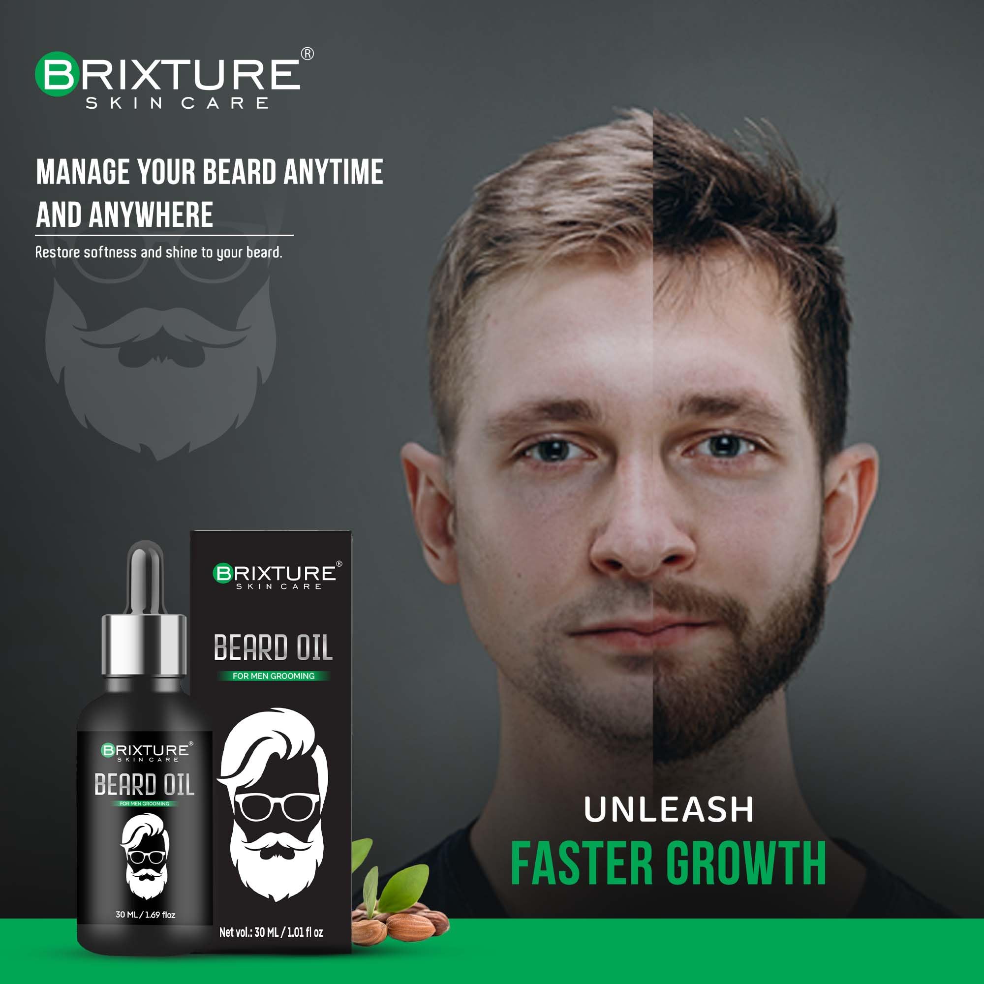 BRIXTURE 100% Natural Beard Growth Oil with Argan Oil - Promotes Thicker, Longer & Healthier Facial Hair - 30ml - Ideal for Men's Grooming & Daily Beard Care Routine