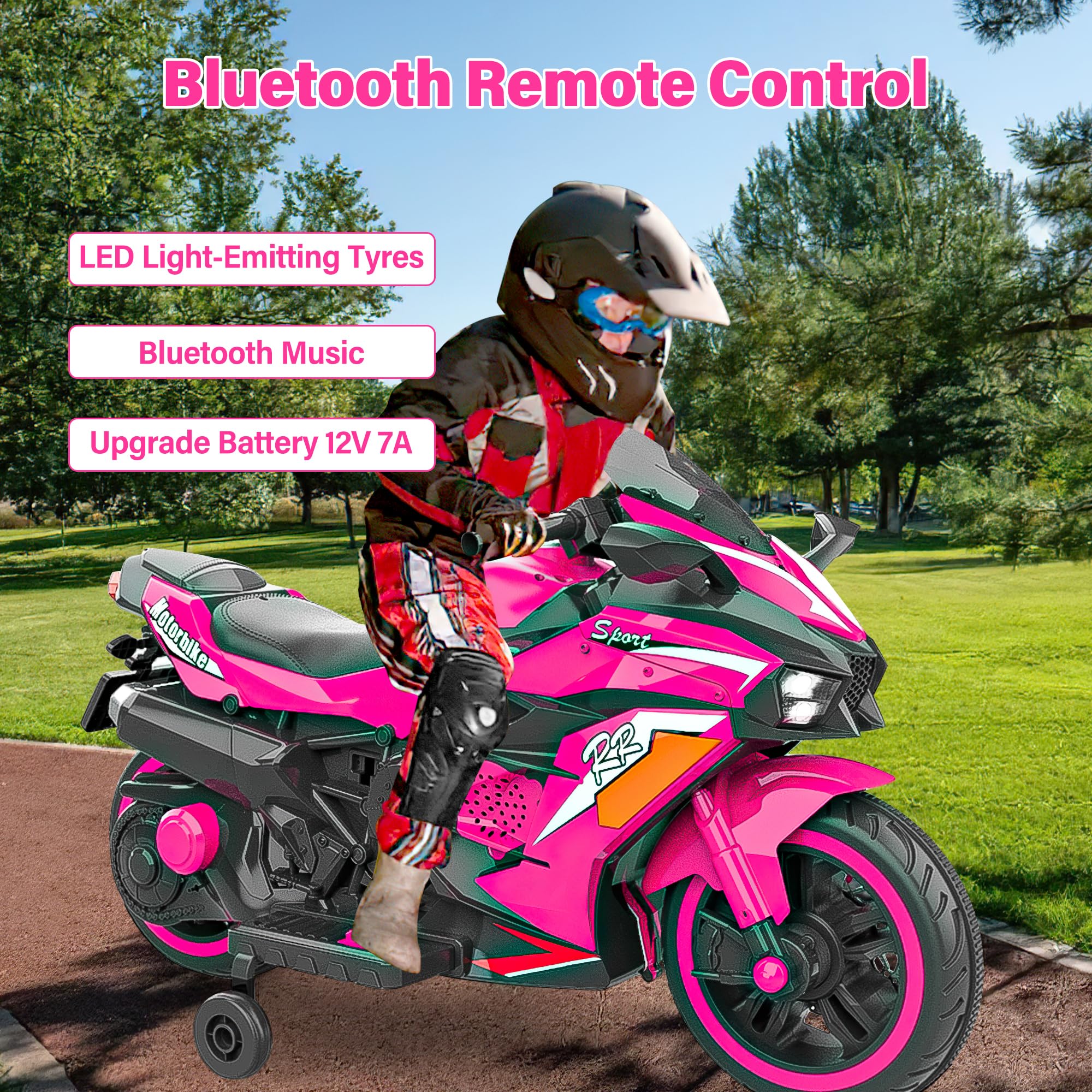 12V Kids Electric Ride On Motorcycle - 2 Wheels Battery Powered Toy Bike for Boys & Girls Ages 3-6 | LED Light-Up Tires, PU Seat & Racing Handlebars | Birthday Gift for Toddlers | Perfect for Indoor Play & Backyard Fun (Pink)