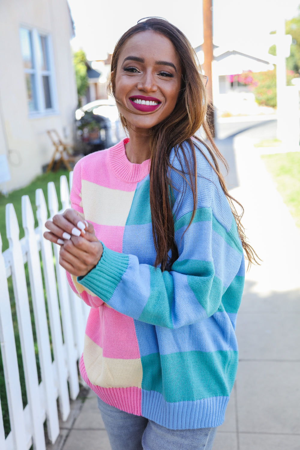 Stylish Blush & Blue Stripe Color Block Knit Sweater for Women | Trendy Casual Pullover | Perfect for Fall Outfits, Date Nights & Cozy Weekends