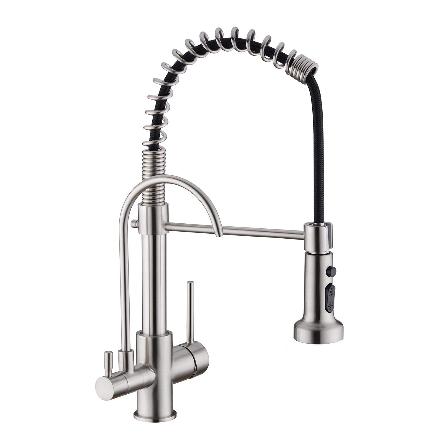 GICASA Commercial 3-in-1 Brushed Nickel Kitchen Faucet with High Arc Pull Down Sprayer - RO Water Filter Faucet Integrated, Single Hole Installation for Modern Kitchens (Perfect for Restaurants, Home Chefs & Busy Households)