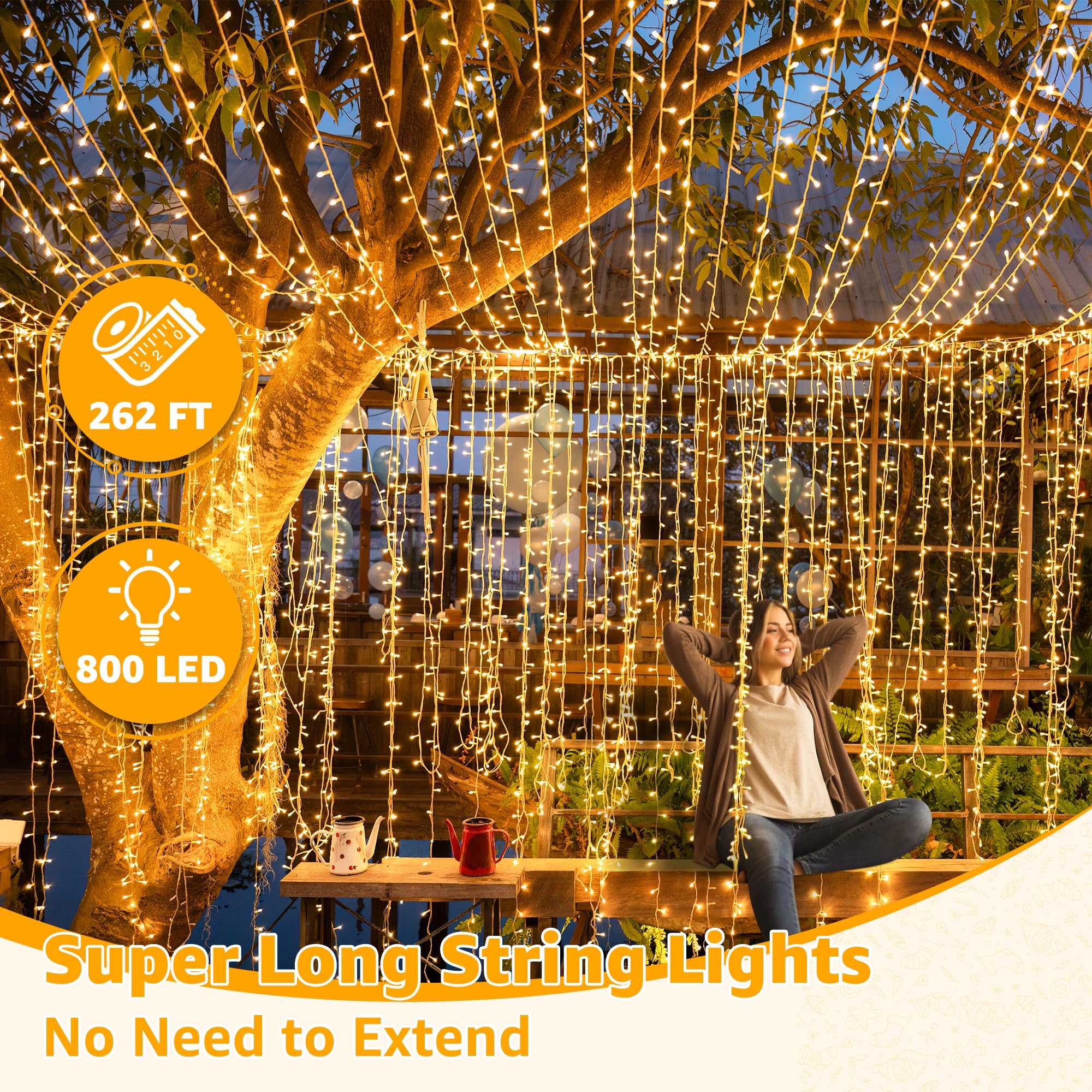 Ollny 800LED 262FT Outdoor String Lights - Waterproof Fairy Lights with Remote Control, 8 Modes Timer & Dimmable - Warm White Plug-in Christmas Lights for Patio, Garden, Bedroom, Camping & Indoor Decor | Perfect for Parties, Weddings & Holiday Decorations