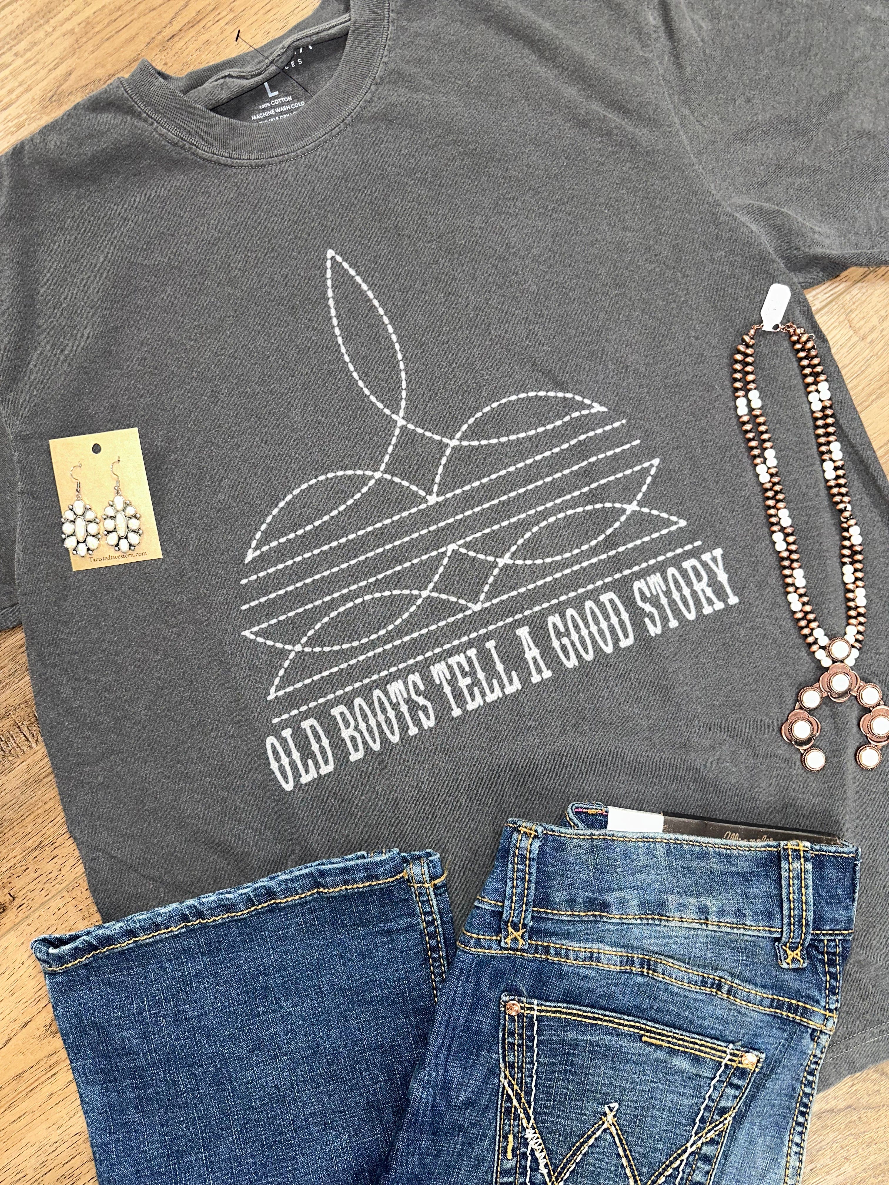 Vintage Western Graphic Tee - Old Boots Tell a Good Story T-Shirt for Men & Women | Casual Cowboy Style Outfit for Country Music Festivals & Western Theme Parties