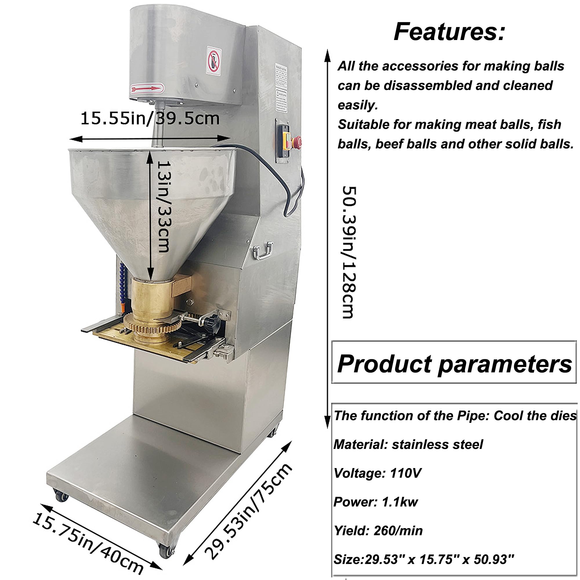 Commercial Automatic Stainless Steel Meatball Maker Machine - 4 Die Set (45/50/55/60mm) for Restaurant & Catering - 260Pcs/min High Efficiency - 110V Vertical Meatball Forming Equipment | Perfect for Food Processing, Meal Prep & Bulk Cooking