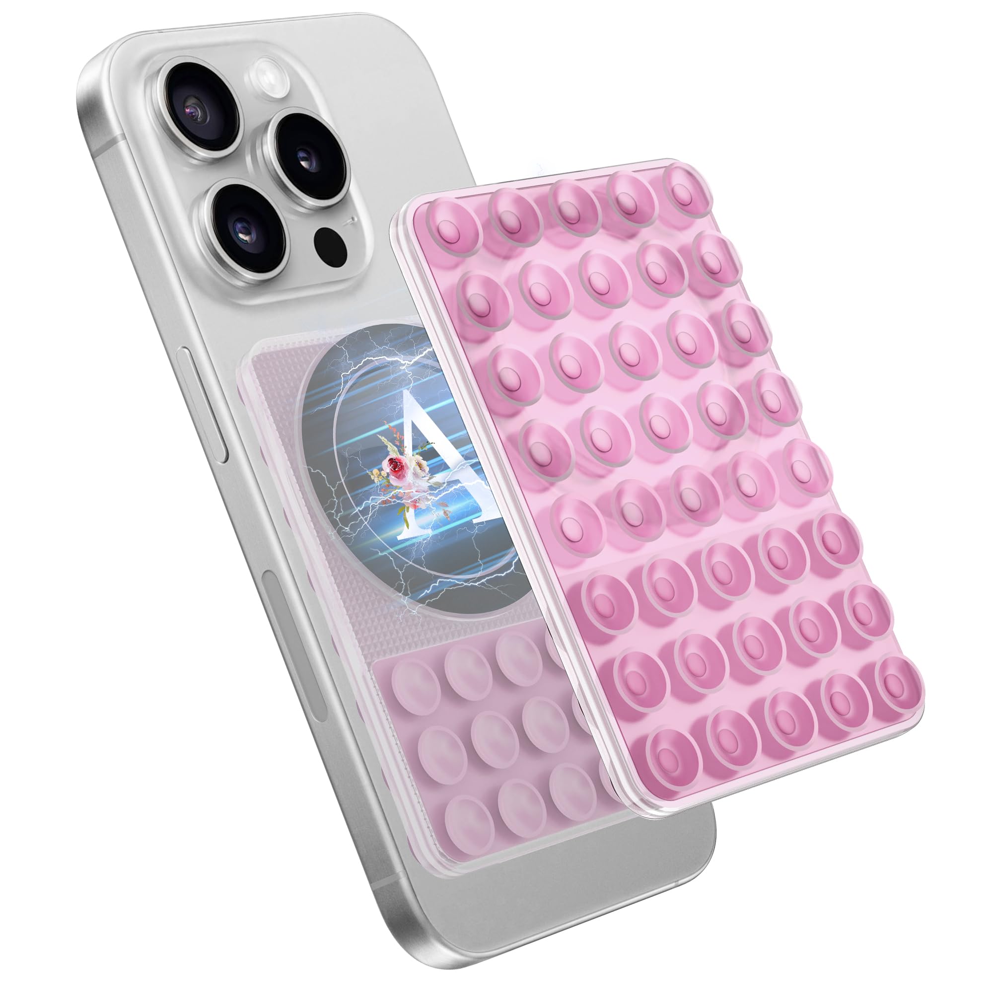 Magnetic Suction Cup Phone Mount Holder for iPhone 15/14/13/12 Series - Silicone Grip Case with Hands-Free Magsafe Technology - Perfect for TikTok Selfies, Driving, and Home Use - Floral Pink Design
