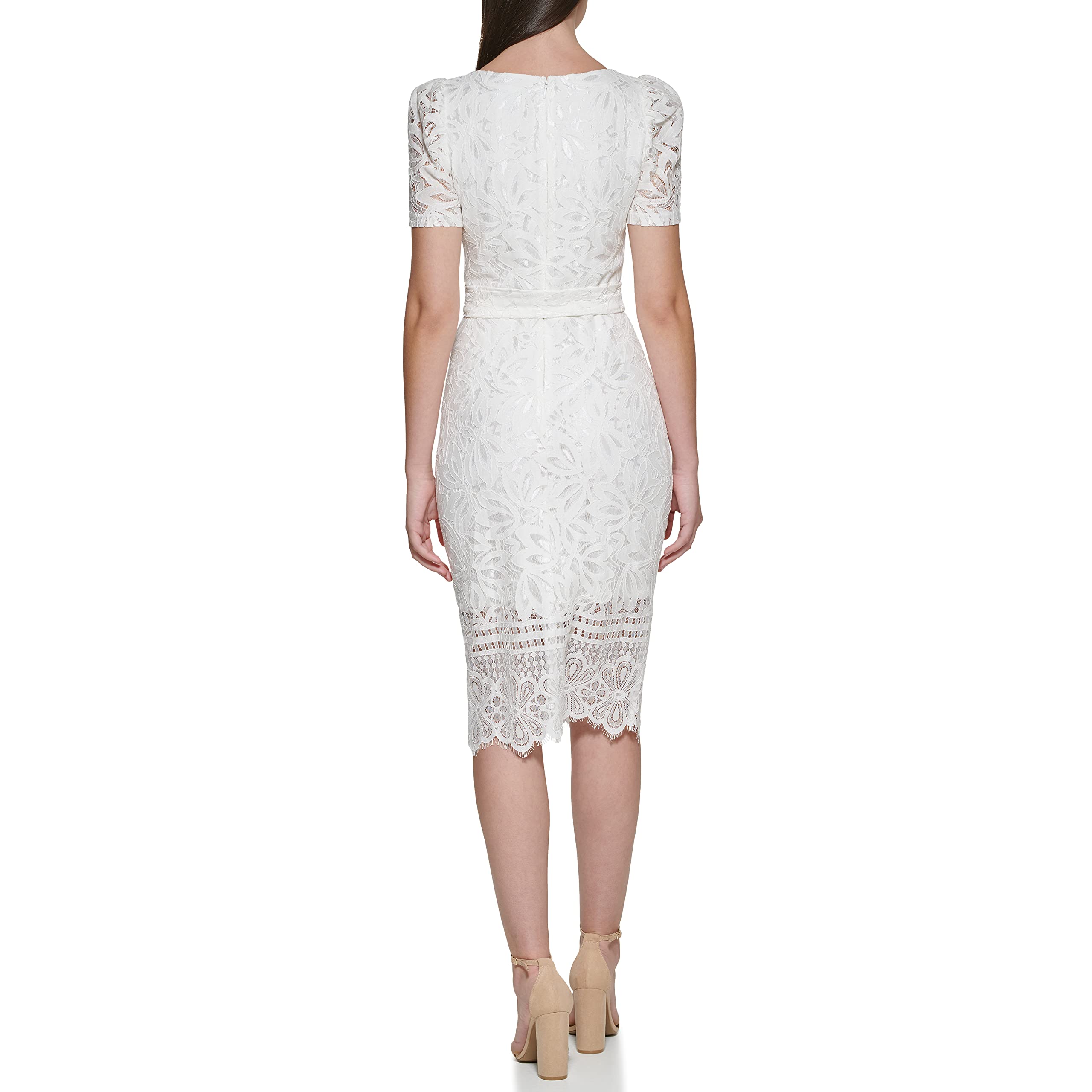 Kensie Women's Short Sleeve Tie Waist Lace Midi Dress - Flowy Summer Dress for Casual Outings, Beach Vacations & Date Nights