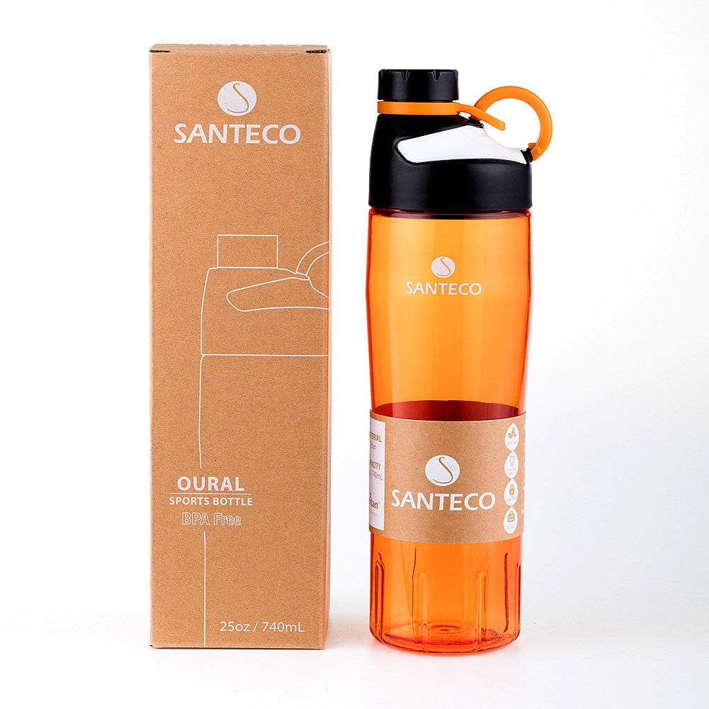 25 oz Santeco Reusable Tritan Sports Water Bottle with Spout Lid - Leak Proof, BPA Free, Wide Mouth & Lightweight for Gym, Hiking, Running - Easy to Clean - Orange - Perfect for Workouts, Outdoor Adventures & Daily Hydration