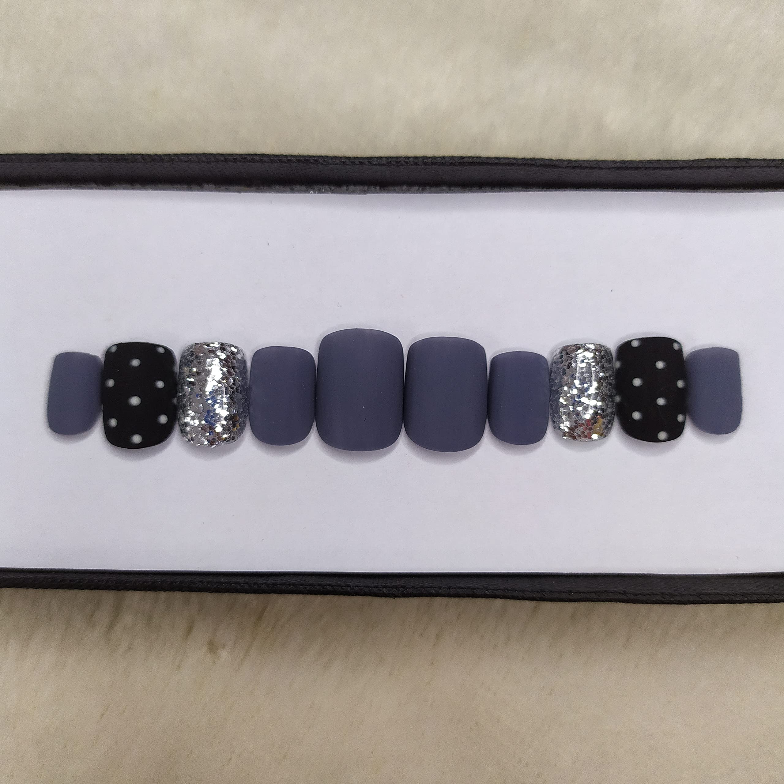 Matte Grey White Dots Glitter Press on Fake Nails - Square Artificial Nails with Complete Application Kit (12 Nails) for Parties, Weddings & Special Occasions