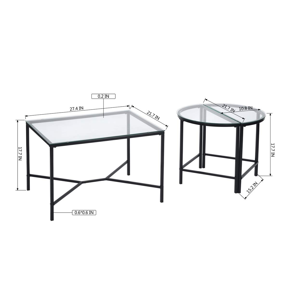 Modern 3-Piece Glass Coffee Table Set - Clear Tempered Glass Top with Gold Metal Frames, Rectangular Center Table & Round Side Tables for Living Room - Easy Assembly Home Lounge Furniture for Apartments, Dorms & Office Spaces