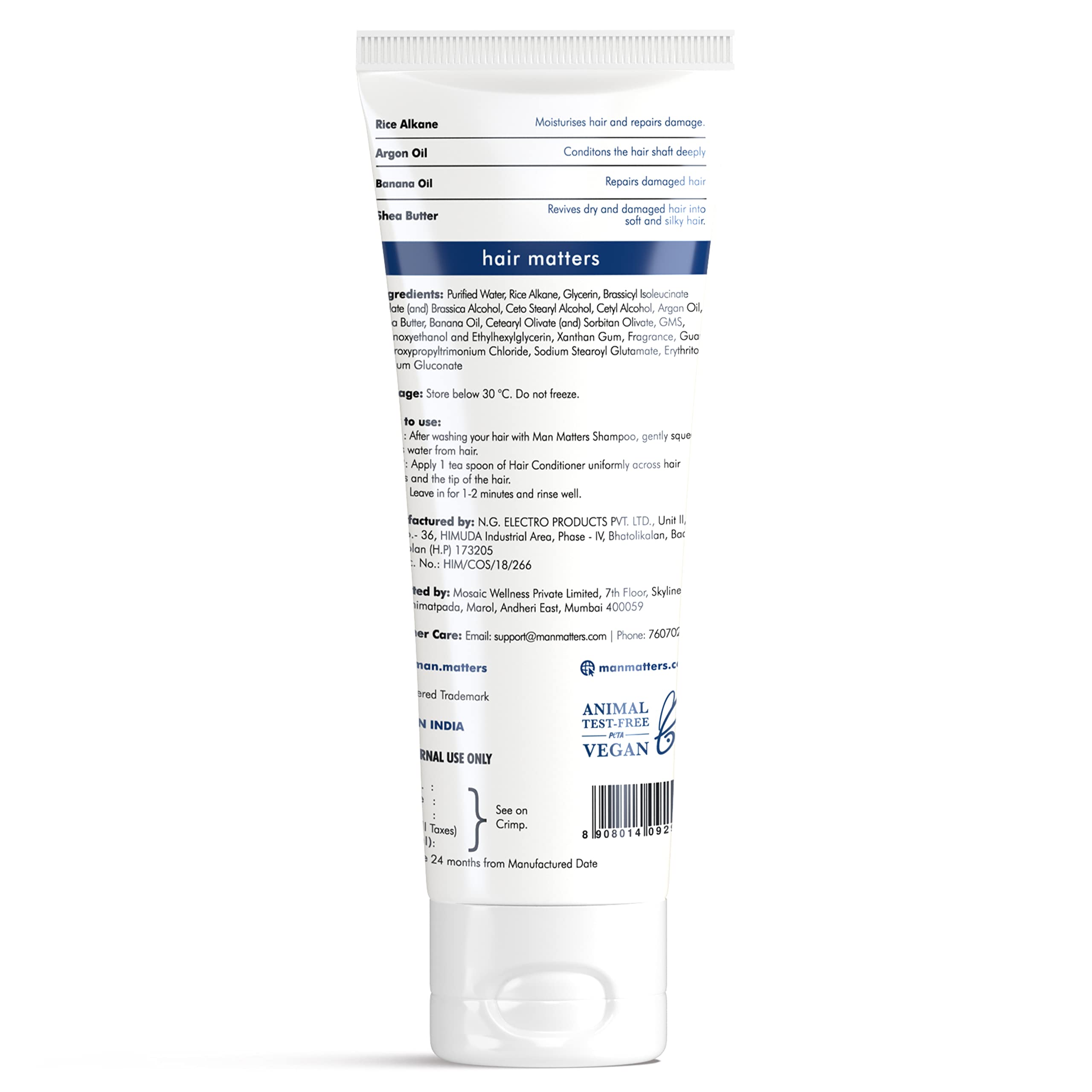 Man Matters Hair Conditioner 90ml with Rice Alkane, Banana Oil, Shea Butter & Argan Oil - Sulfate & Paraben Free for Dry, Damaged Hair Repair, Frizz Reduction & Deep Moisturizing - 1 Count - Perfect for Daily Hair Care & Salon-Quality Results at Home