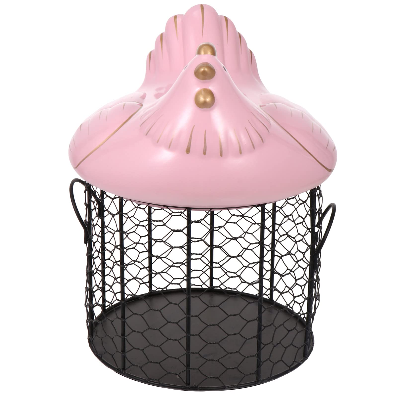 Cabilock Metal Wire Egg Basket with Ceramic Chicken Top - Pink Kitchen Countertop Egg Storage Organizer for Fresh Eggs - Perfect for Farmhouse, Country Style Kitchens & Breakfast Buffets