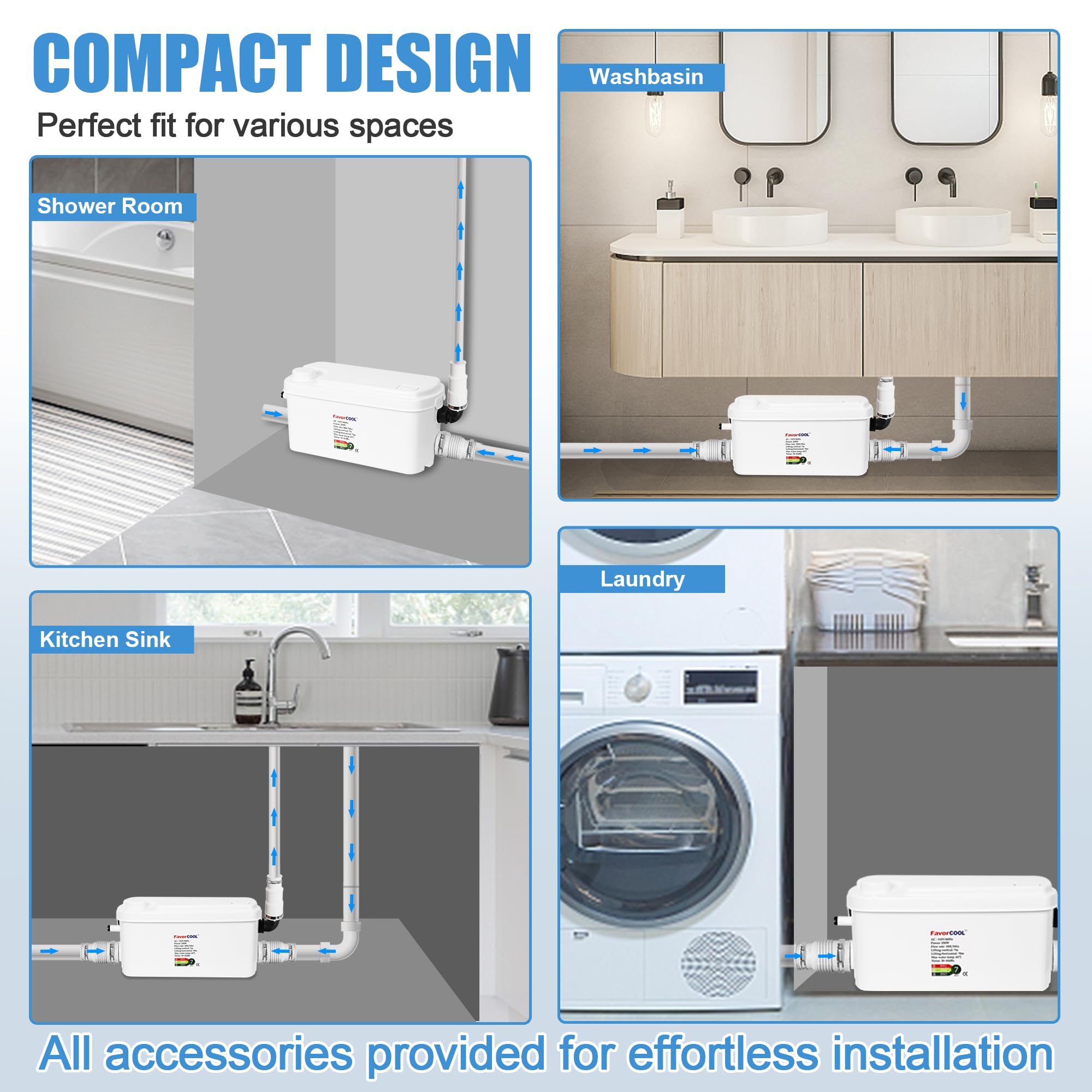 250W Macerator Sewage Pump with 3 Water Inlets - Upflush to 22.9ft/7m for Basement, Kitchen, Shower & Laundry - Powerful Wastewater Treatment Solution for Home and Commercial Use