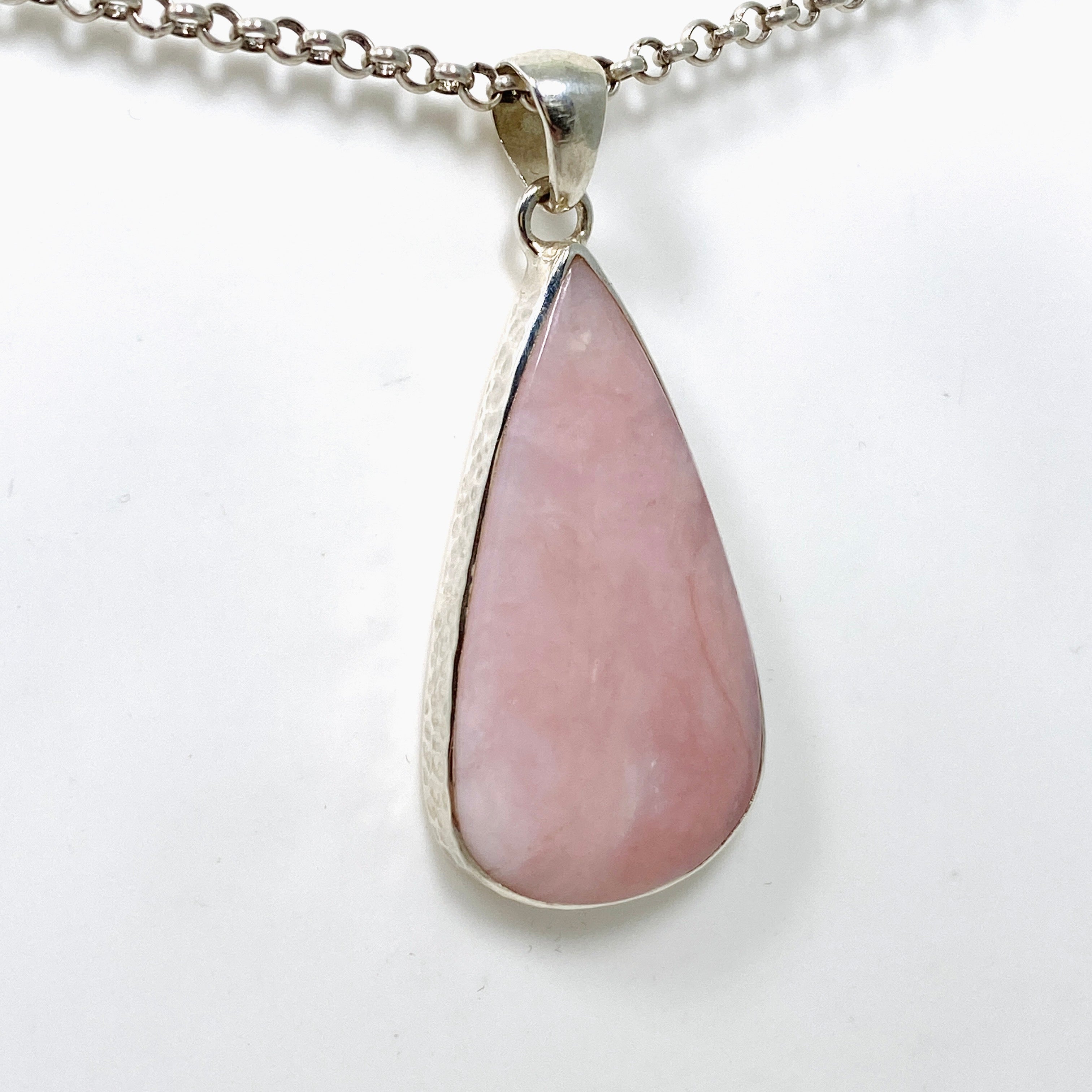 Natural Pink Opal Teardrop Cabochon Pendant in Handcrafted Hammered Sterling Silver Setting KPGJ4670 | Elegant Boho Jewelry for Women, Perfect for Everyday Wear & Special Occasions