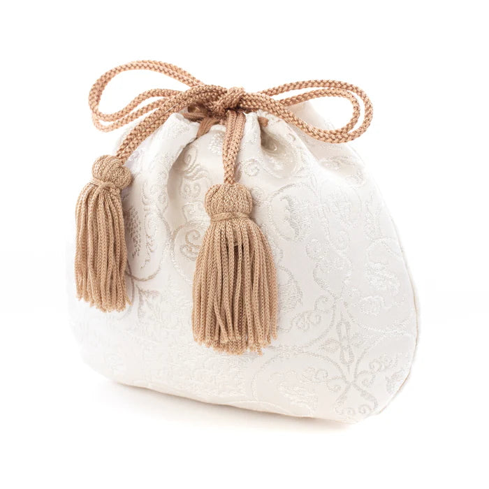 Nishijin Woven Small Drawstring Bag - Grapevine & White Silver | Handmade in Kyoto Japan | Traditional Japanese Craft Purse for Coins, Jewelry & Gifts