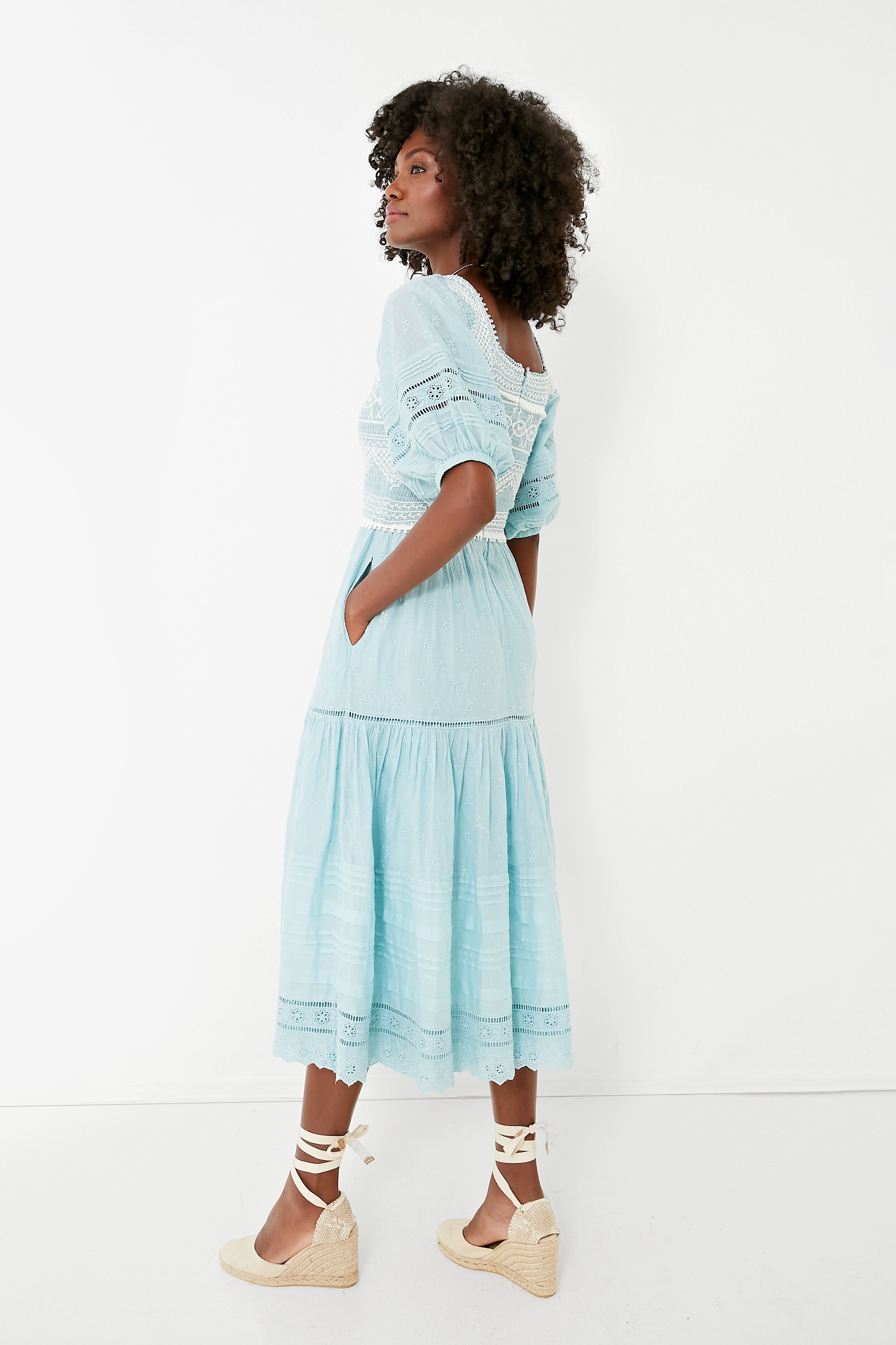 Blue Olga Hand Smocking Puff Sleeve Dress - Elegant Floral Summer Dress for Women, Perfect for Weddings, Parties & Beach Vacations