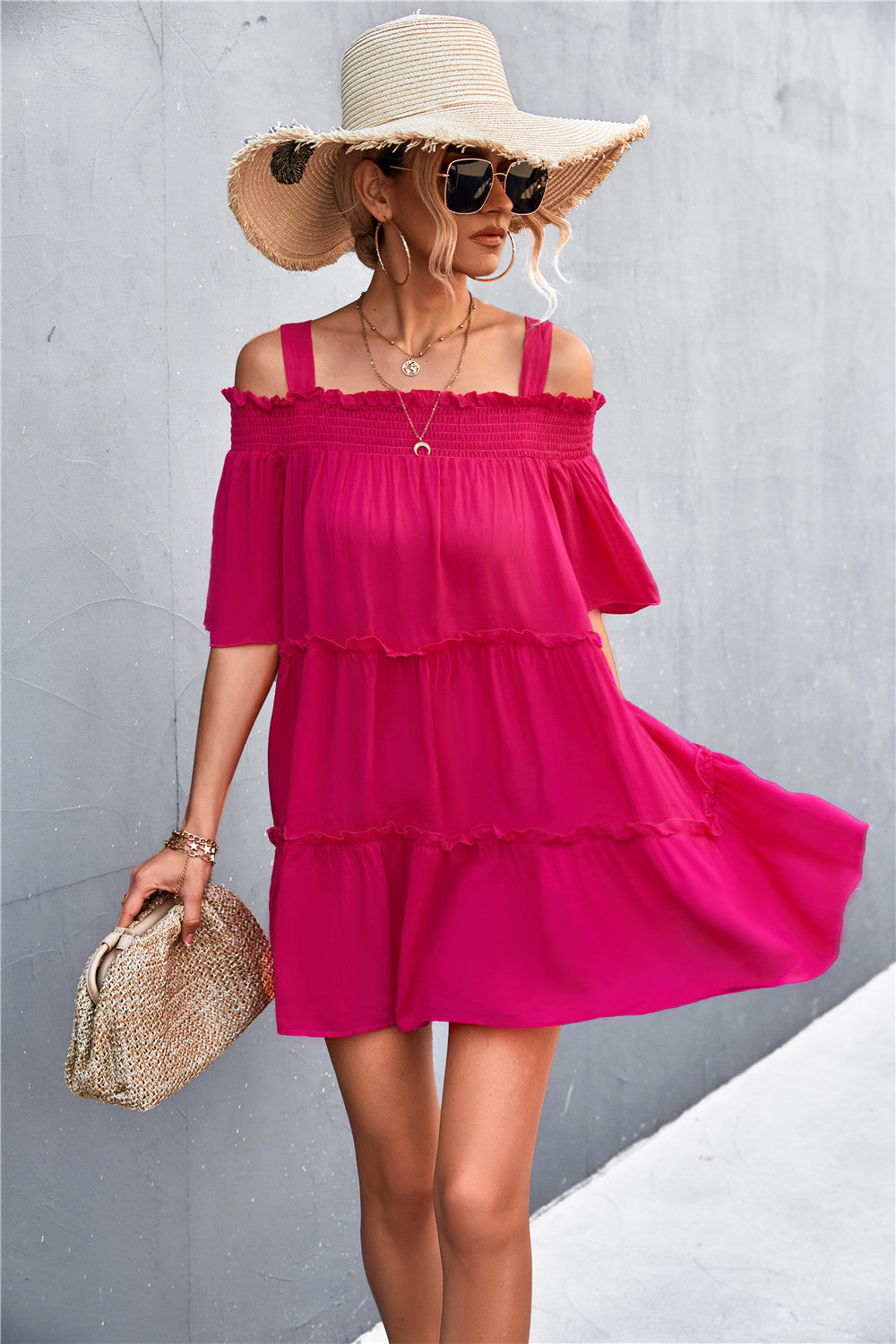 Elegant Cold Shoulder Frill Trim Tiered Dress for Women - Summer Party, Wedding Guest, Date Night Outfit