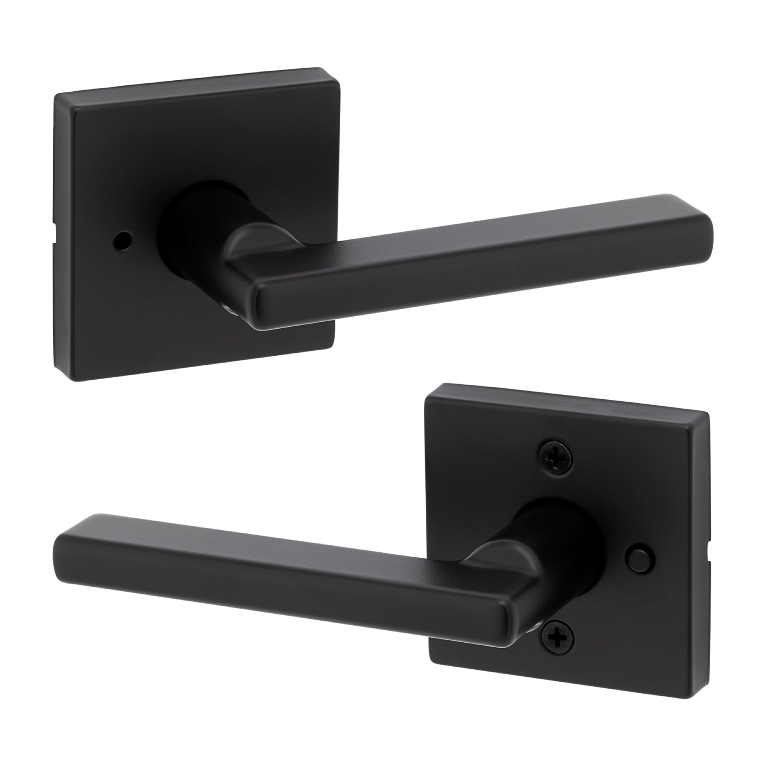 Kwikset Halifax Matte Black Interior Privacy Door Handle with Reversible Keyless Push Button Lock - Microban Protected Square Rose Lever for Bathroom, Bedroom & Closet Doors - Perfect for Home Security & Privacy Needs