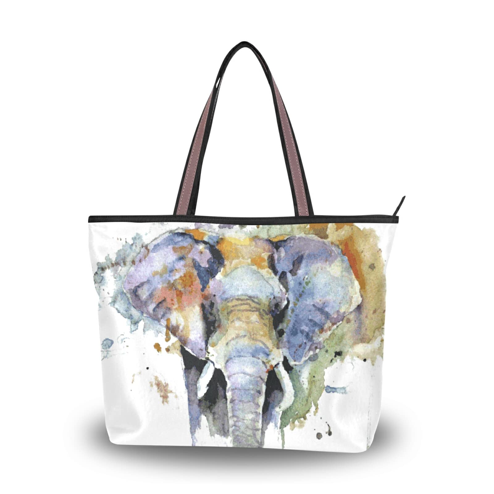 Watercolor Elephant Print Tote Bag for Women - Large Capacity Zipper Grocery Bag, Durable Shopping Purse for Daily Use (2 Sizes) - Perfect for Work, School, Travel & Beach Outings