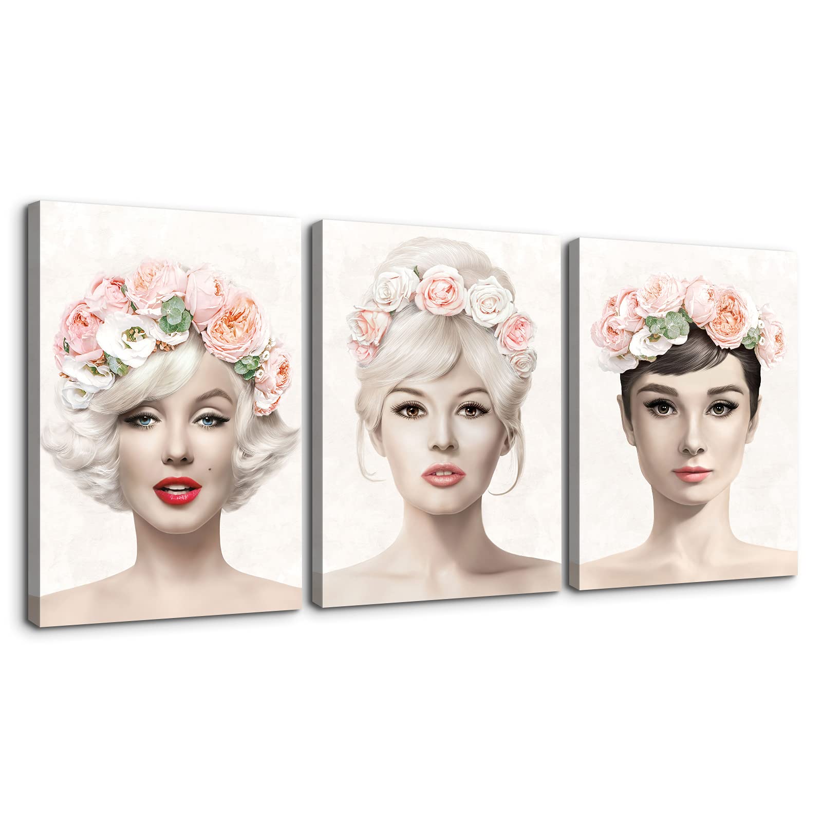 Denozer 3 Panel Vintage Hollywood Canvas Wall Art - Marilyn Monroe, Audrey Hepburn & Brigitte Bardot with Floral Crown Prints - 32x48 Inch Triptych Wall Decor for Living Room, Bedroom - Perfect for Home Decor, Office & Gift Giving