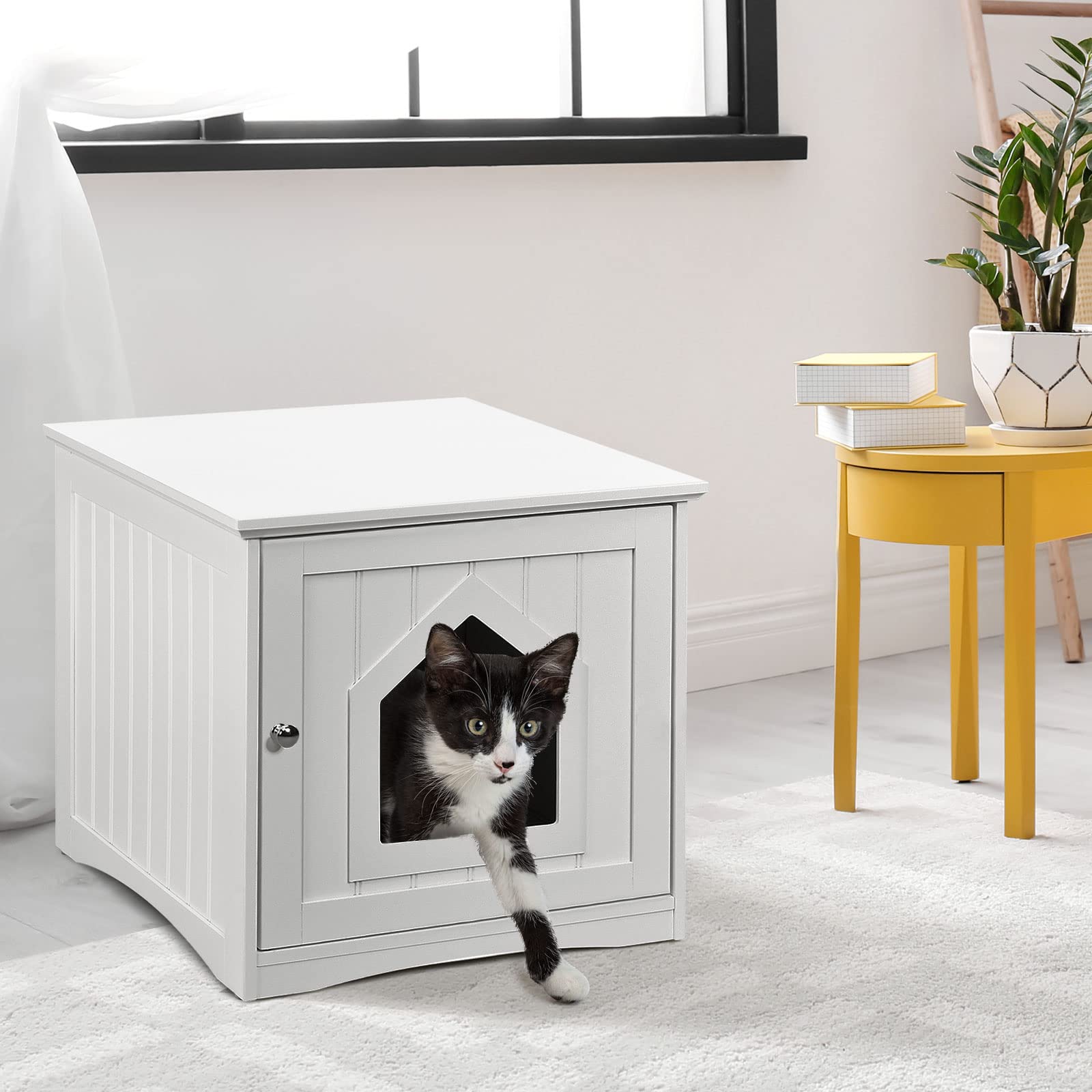 PETSITE Cat Litter Box Enclosure Furniture - Hidden Litter Box Cabinet with Washroom Design, White Decorative Cat House & Nightstand for Indoor Pets | Perfect for Small Spaces, Apartments & Home Decor