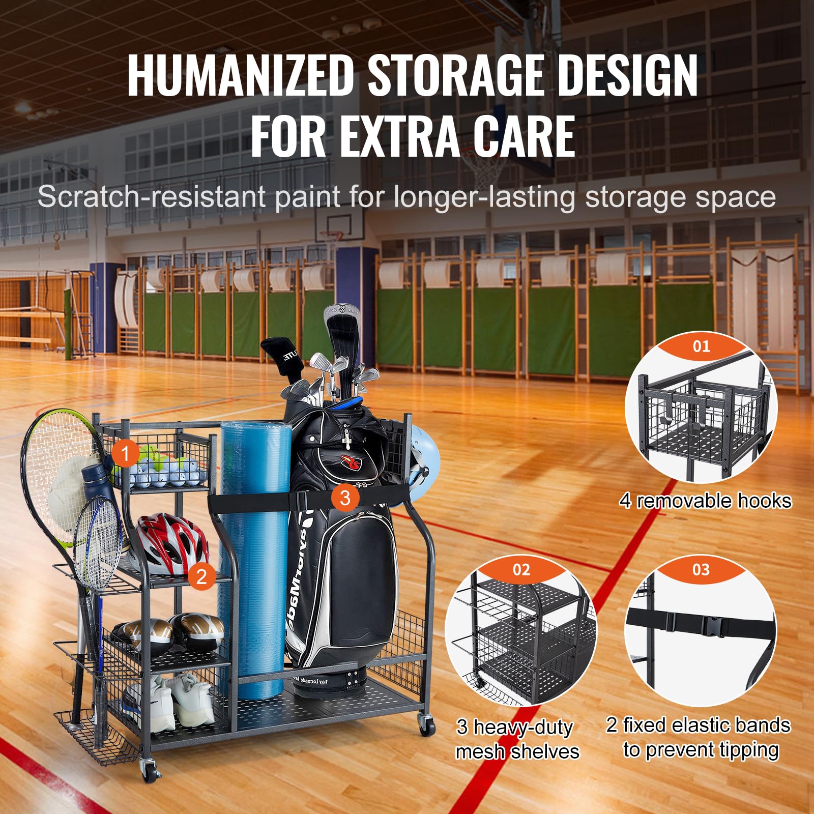 VEVOR Golf Storage Garage Organizer - 2 Golf Bag Stand Holder & Sports Equipment Rack with Wheels | Rolling Ball Cart for Outdoor Sports Gear, Toys & Accessories | Heavy-Duty Steel Construction in Black | Perfect for Garage, Basement & Backyard Organization