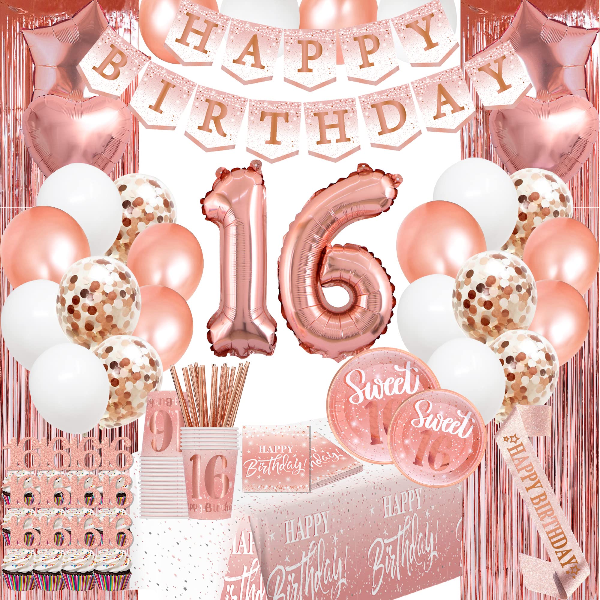 Sweet 16 Birthday Party Decorations for Girls - Rose Gold Banner, Happy Birthday Balloons & Party Supplies | 16th Birthday Celebration Decor for Teens, Quinceañera, Milestone Parties