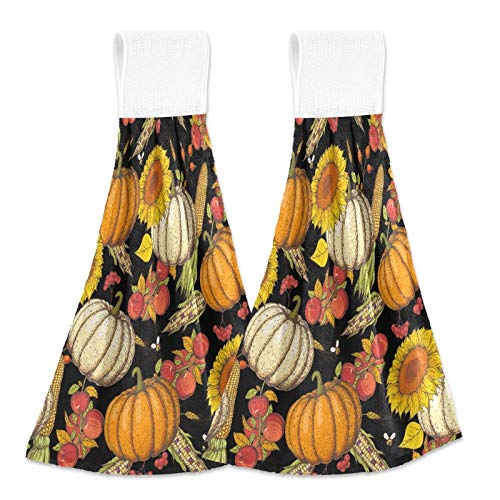 Thanksgiving Pumpkins & Sunflowers Kitchen Hanging Hand Towels - 2 Pack Absorbent Cotton Tie Towels with Loops for Bathroom, Kitchen & Home Decor - Perfect for Fall, Thanksgiving & Autumn Decorations